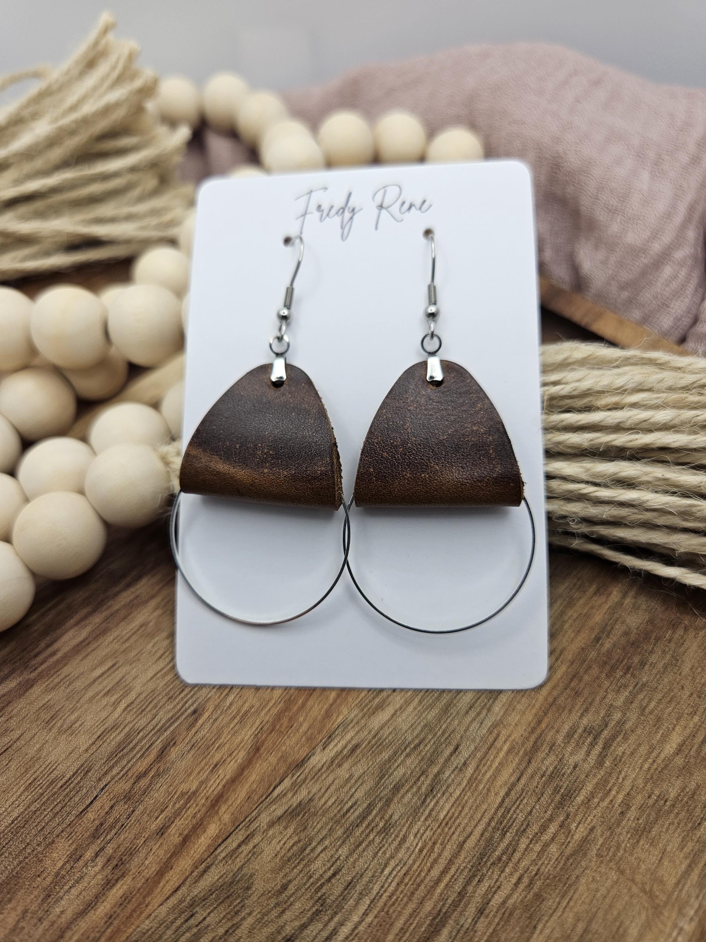 Brown leather dangle earrings, Silver metal circle accent, Light handmade genuine leather, Birthday gift for women, Rustic Boho drop earring - Thumbnail 3