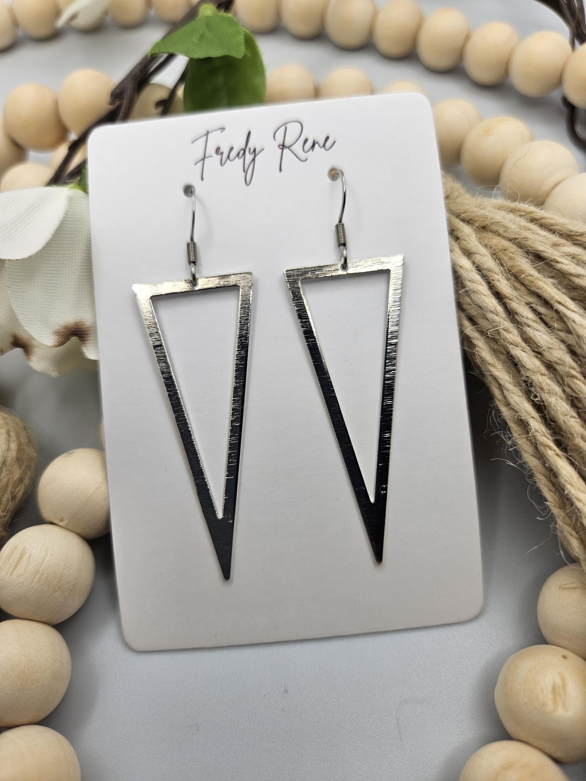 Silver Colored Brass Triangle Earrings - Thumbnail 3