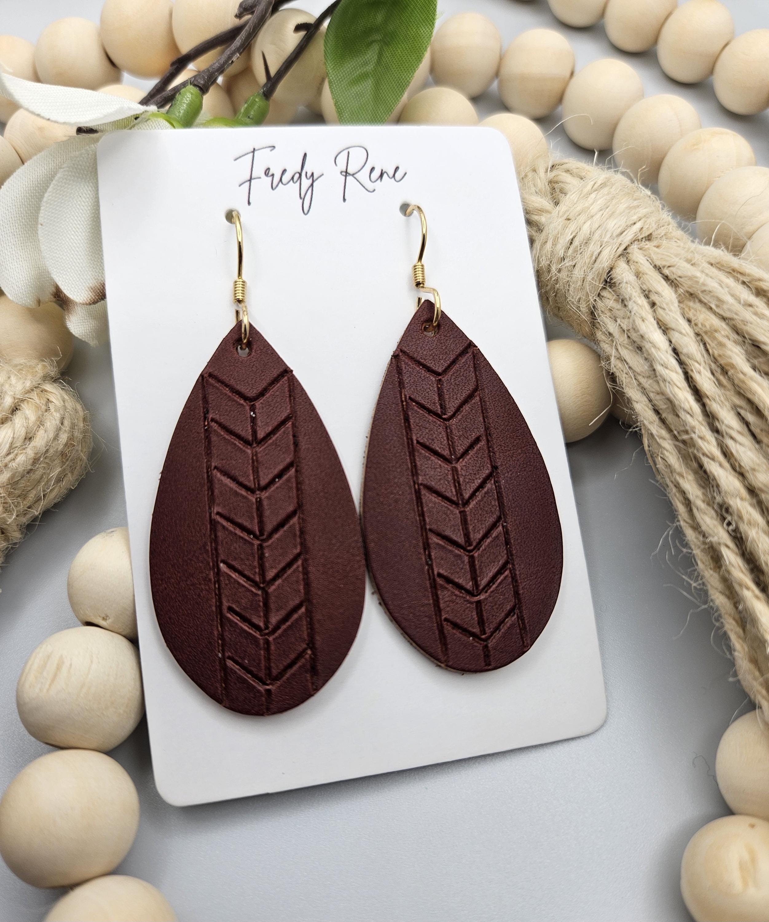 Medium Handmade Embossed Leather Teardrop Earrings in Reddish Brown - Thumbnail 5