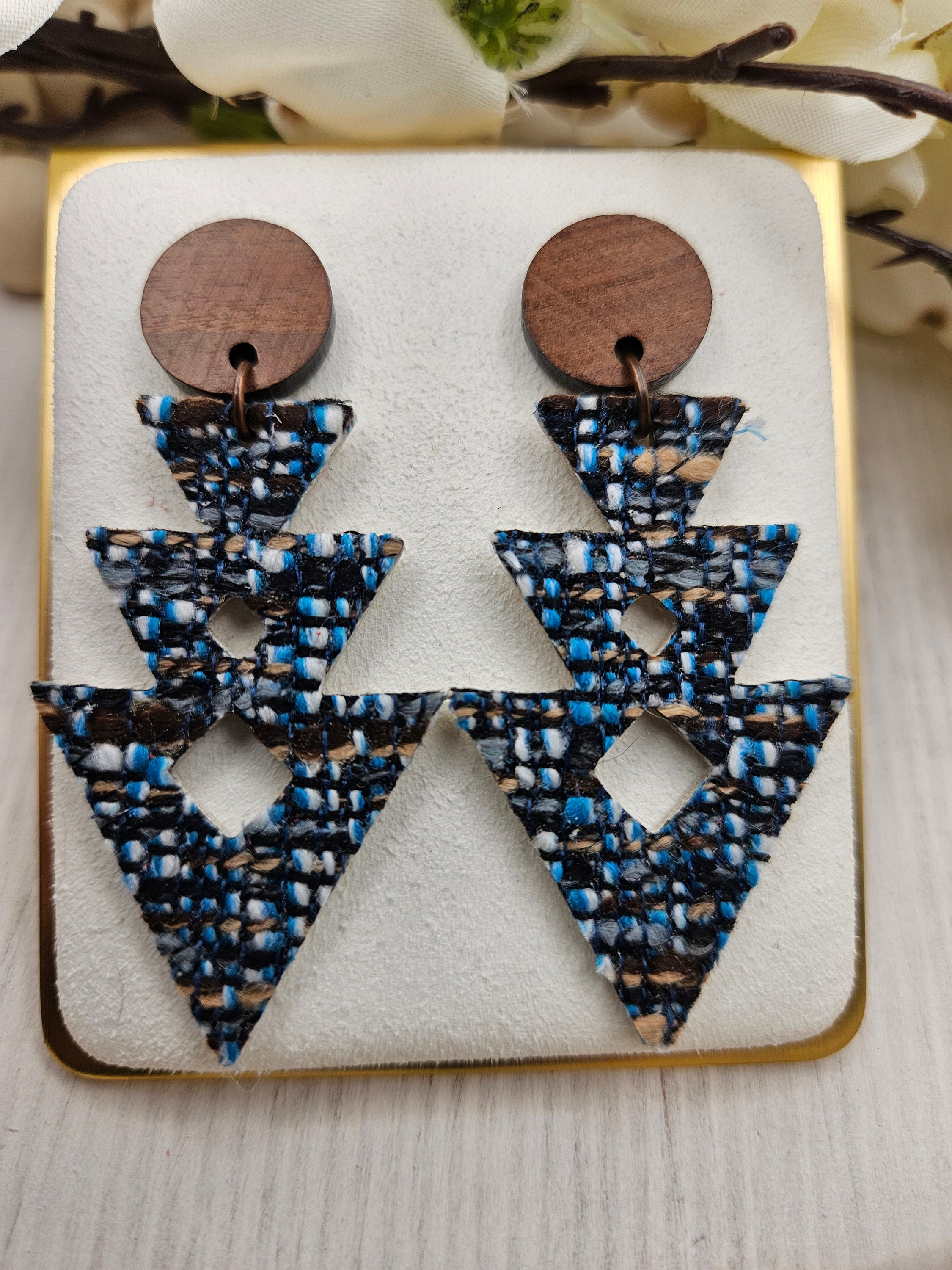 Handmade Lightweight Tweed Earrings with Genuine Leather Backing and Wooden Accent Stud - Thumbnail 5