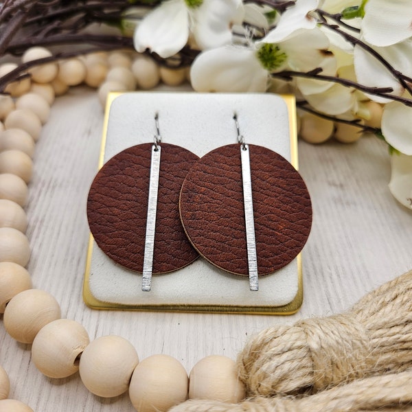 Brown Pebbled Leather Earrings with Silver Brass Bars