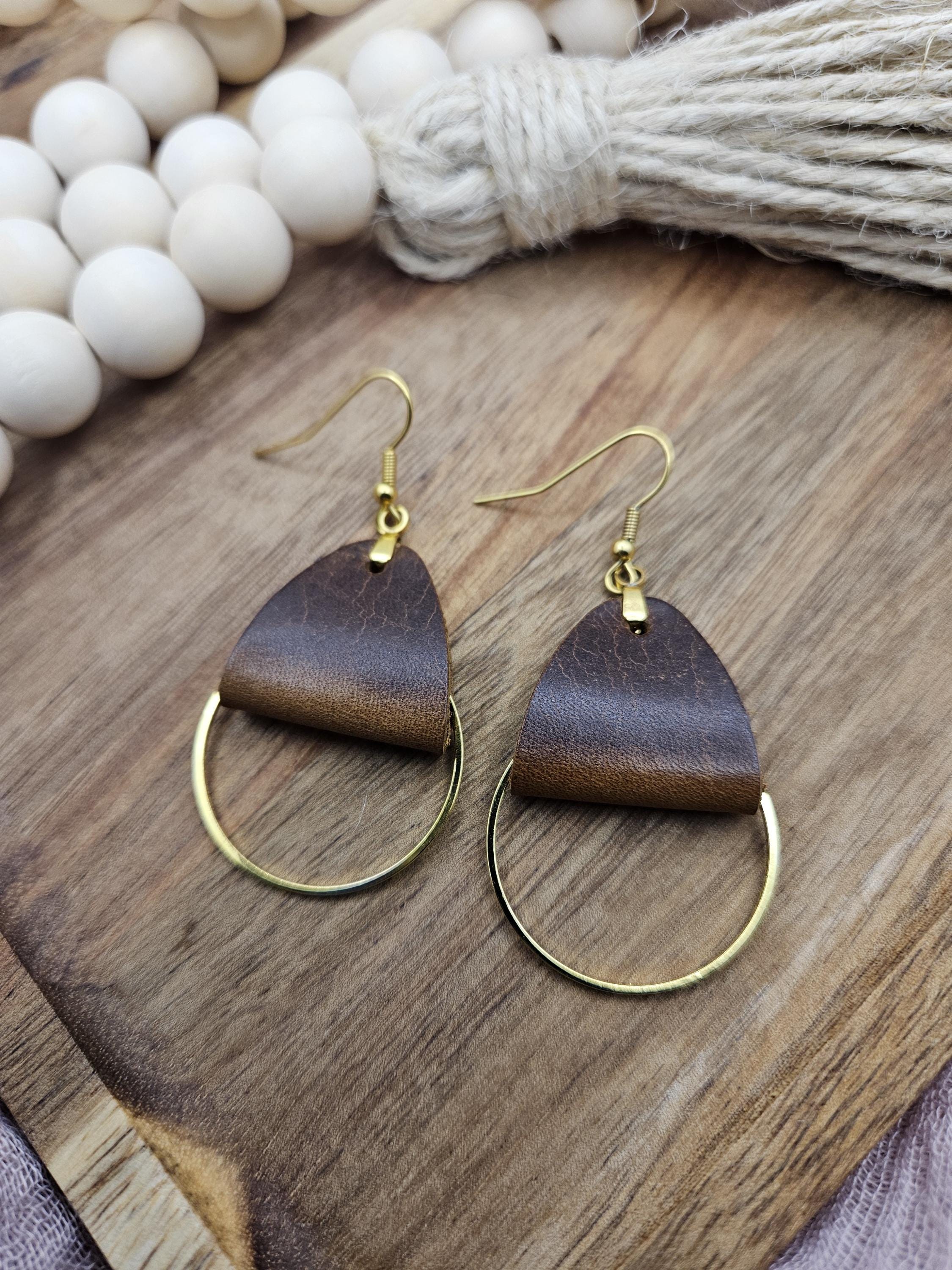 Brown leather dangle earrings, Gold metal circle accent, Light handmade genuine leather, Birthday gift for women, Rustic Boho drop earrings - Thumbnail 5