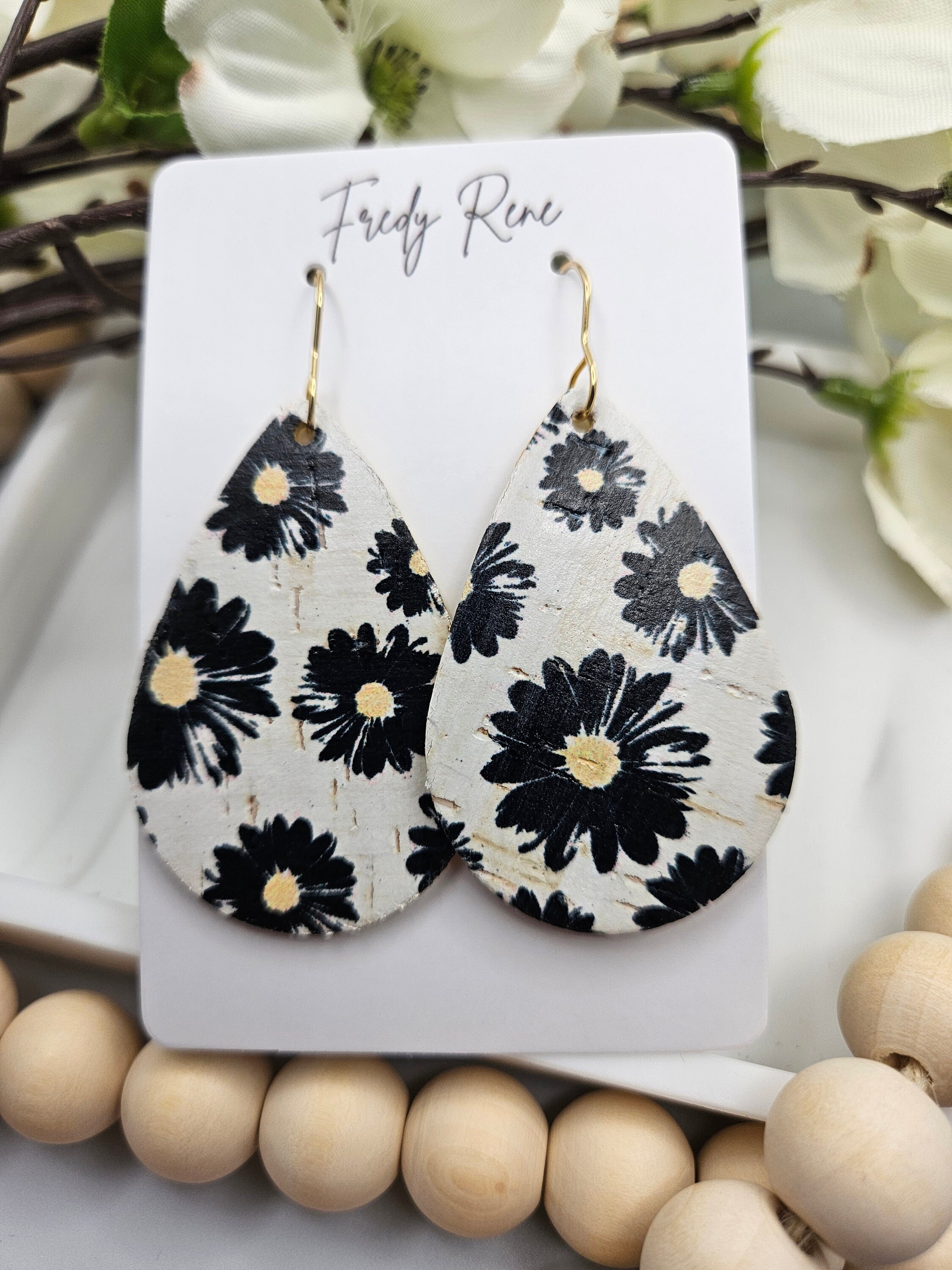 Medium Black Floral Cork Teardrop Earrings with Genuine Leather Backing- Lightweight, Trendy, Unique Design - Thumbnail 3