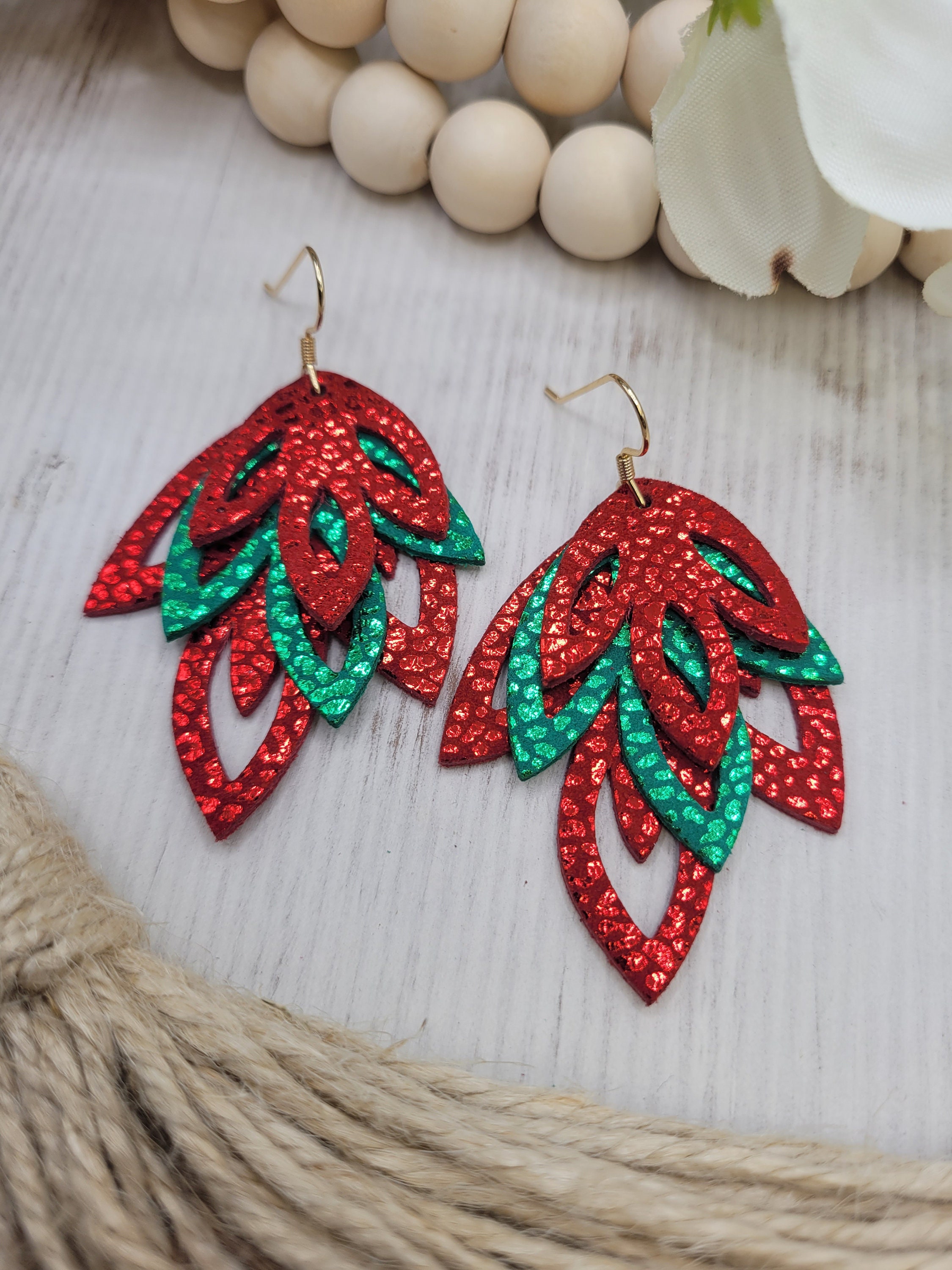 Red & Green Iridescence Festive Leather Earrings- Handmade Lightweight Holiday Dangles - Image 1