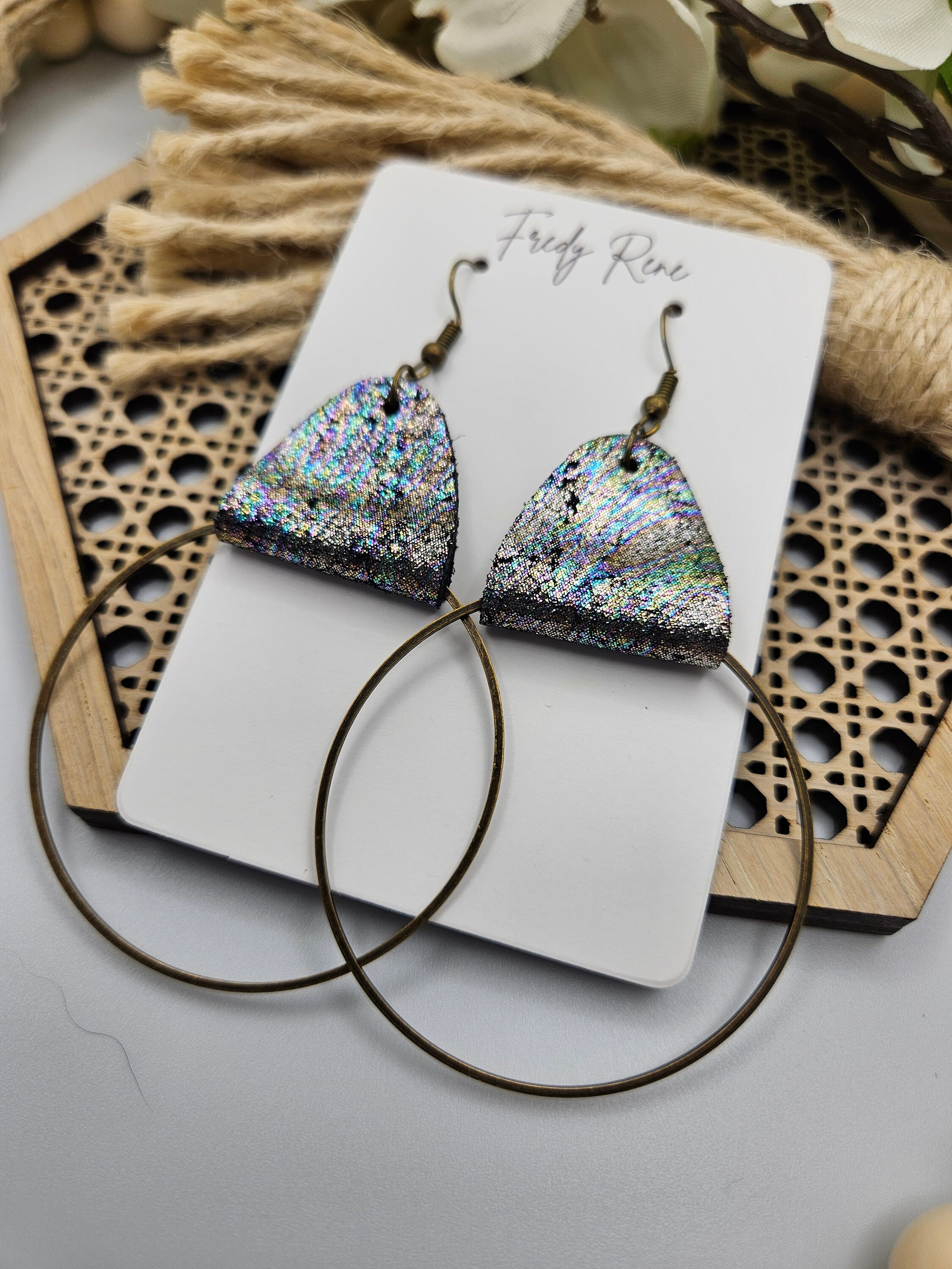 Iridescent Leather Earrings with Metal Hoops- Handmade Lightweight Trendy Jewelry- Unique Everyday Wear - Thumbnail 3