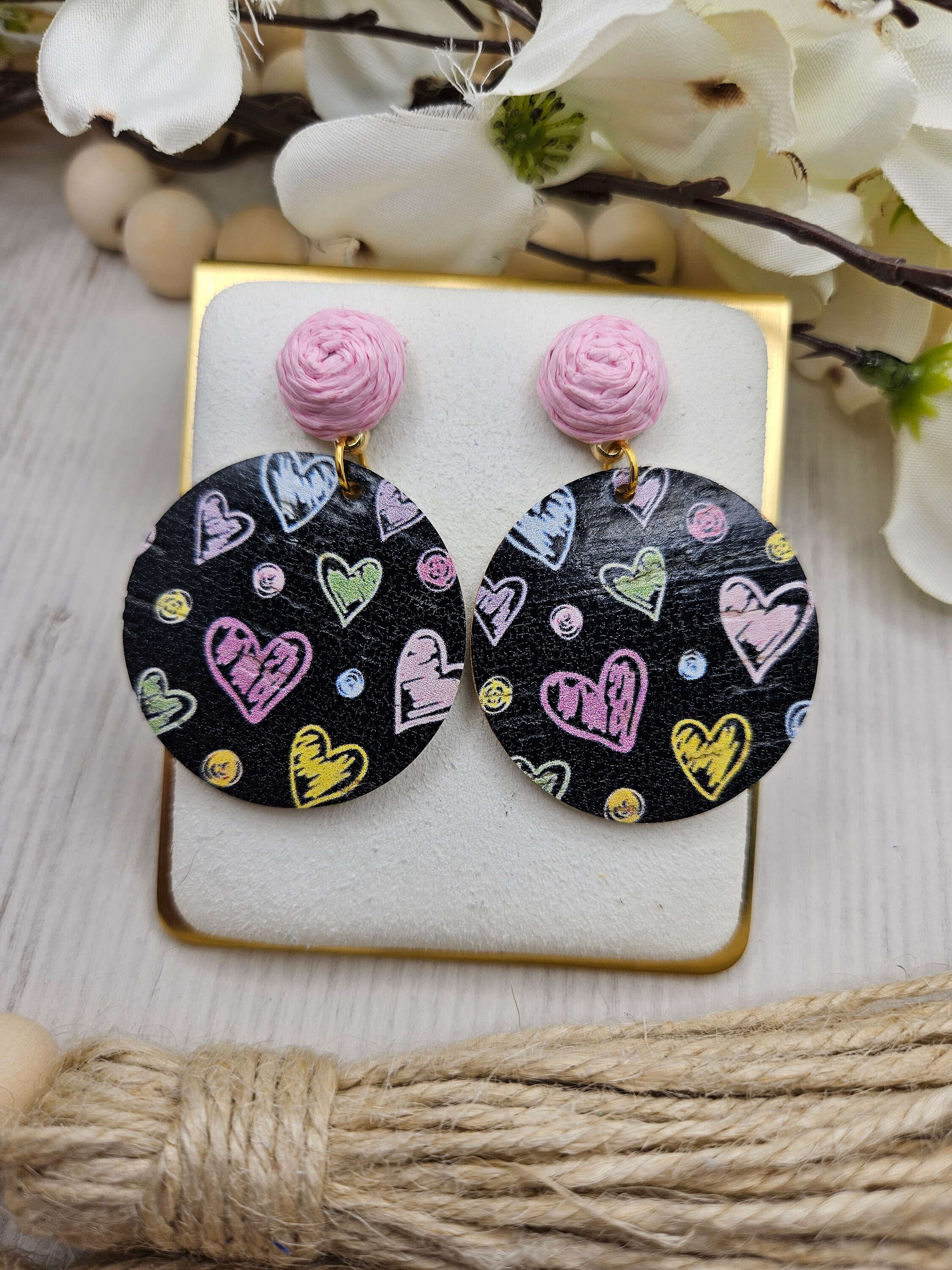 Black Heart Cork Earrings Backed with Genuine Leather with Pink Raffia Rose Studs - Thumbnail 2
