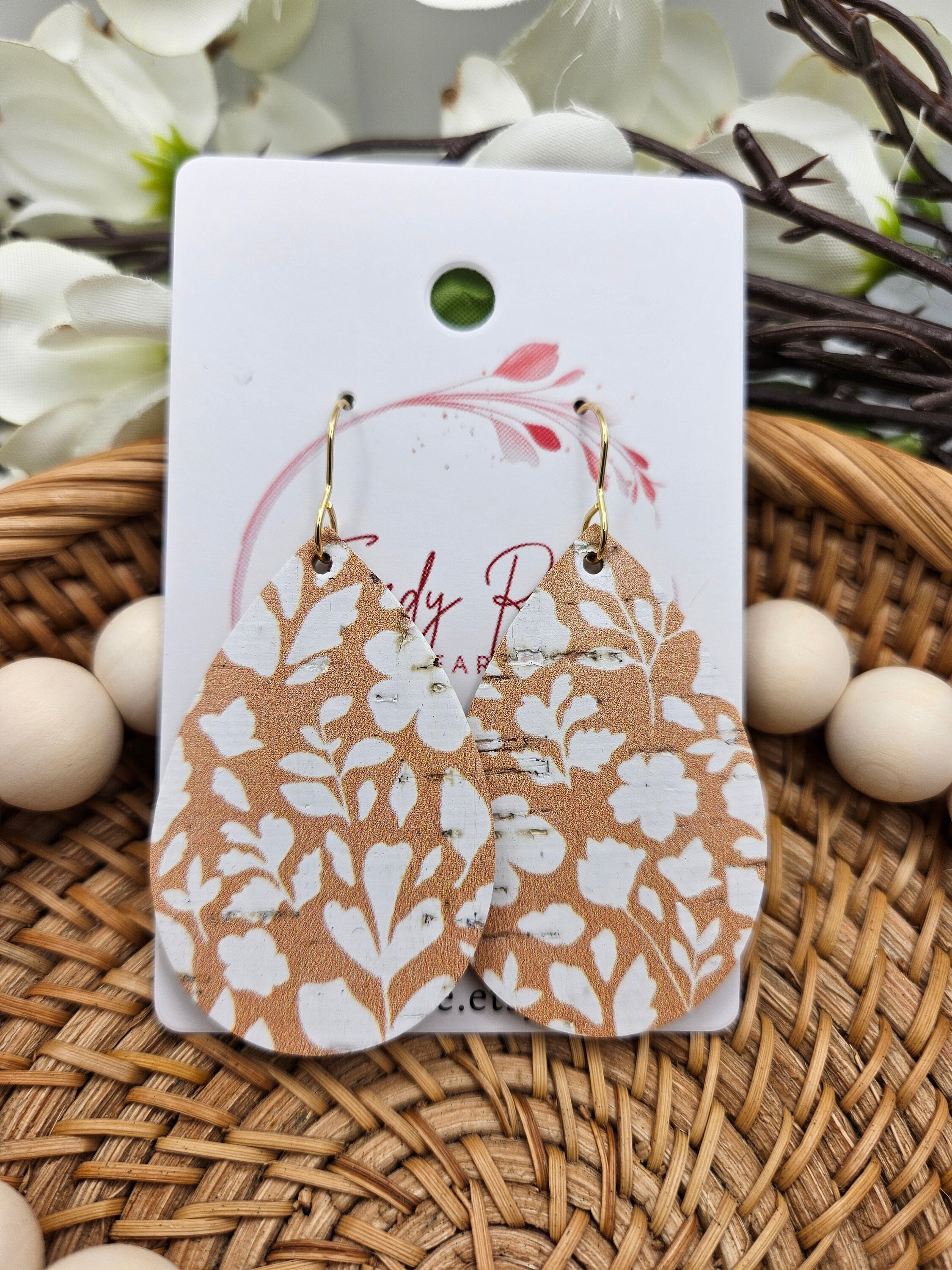 Medium Handcrafted Floral Cork Teardrop Earrings with Genuine Leather Backing - Thumbnail 2