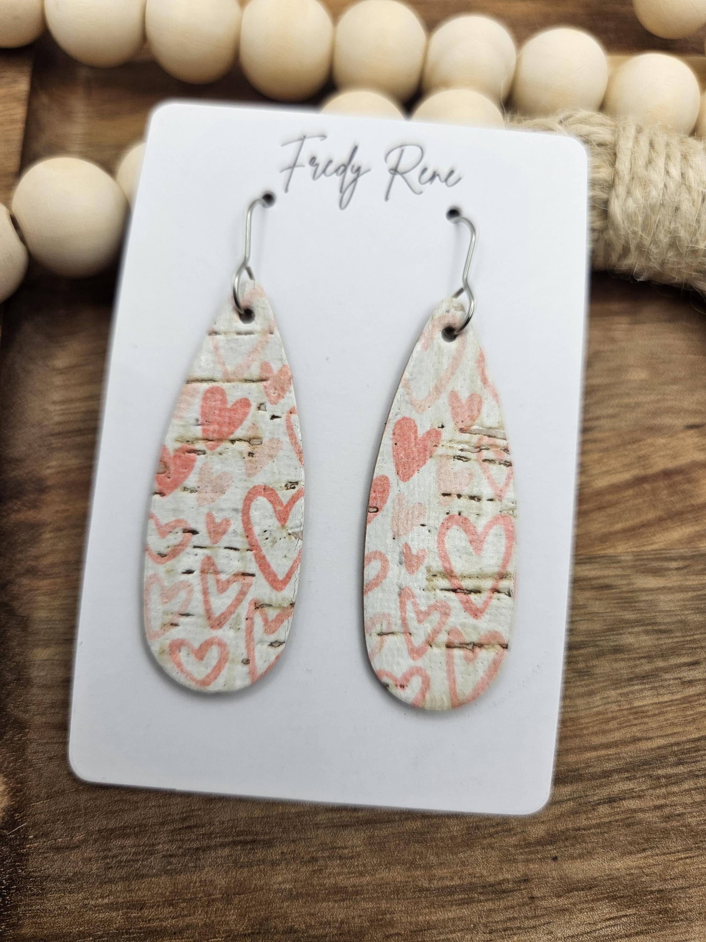 Handcrafted Narrow Heart Cork Teardrop Earrings with Genuine Leather Backing