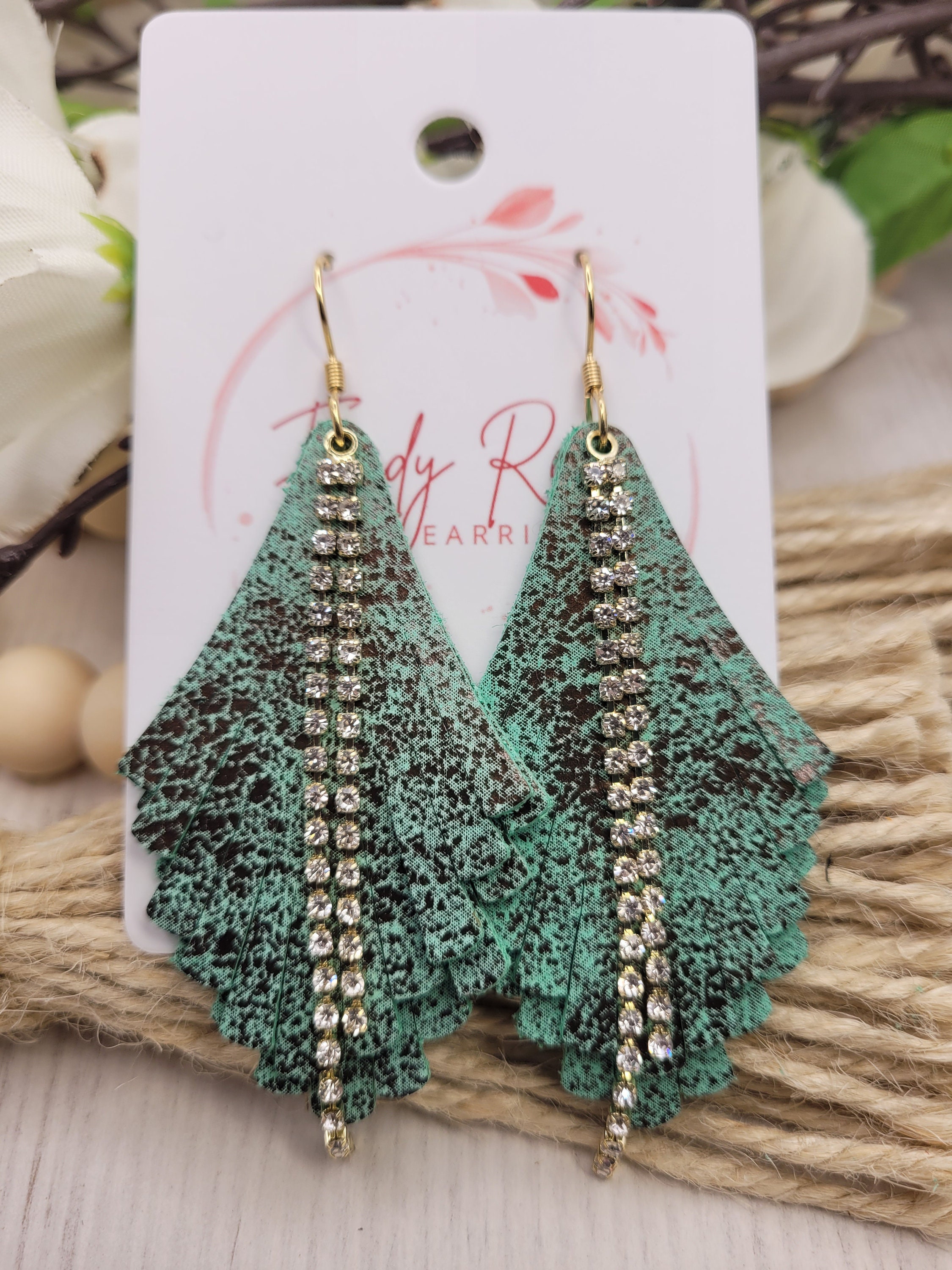 Handmade Lightweight Leather Earrings with Rhinestone Accents - Thumbnail 7