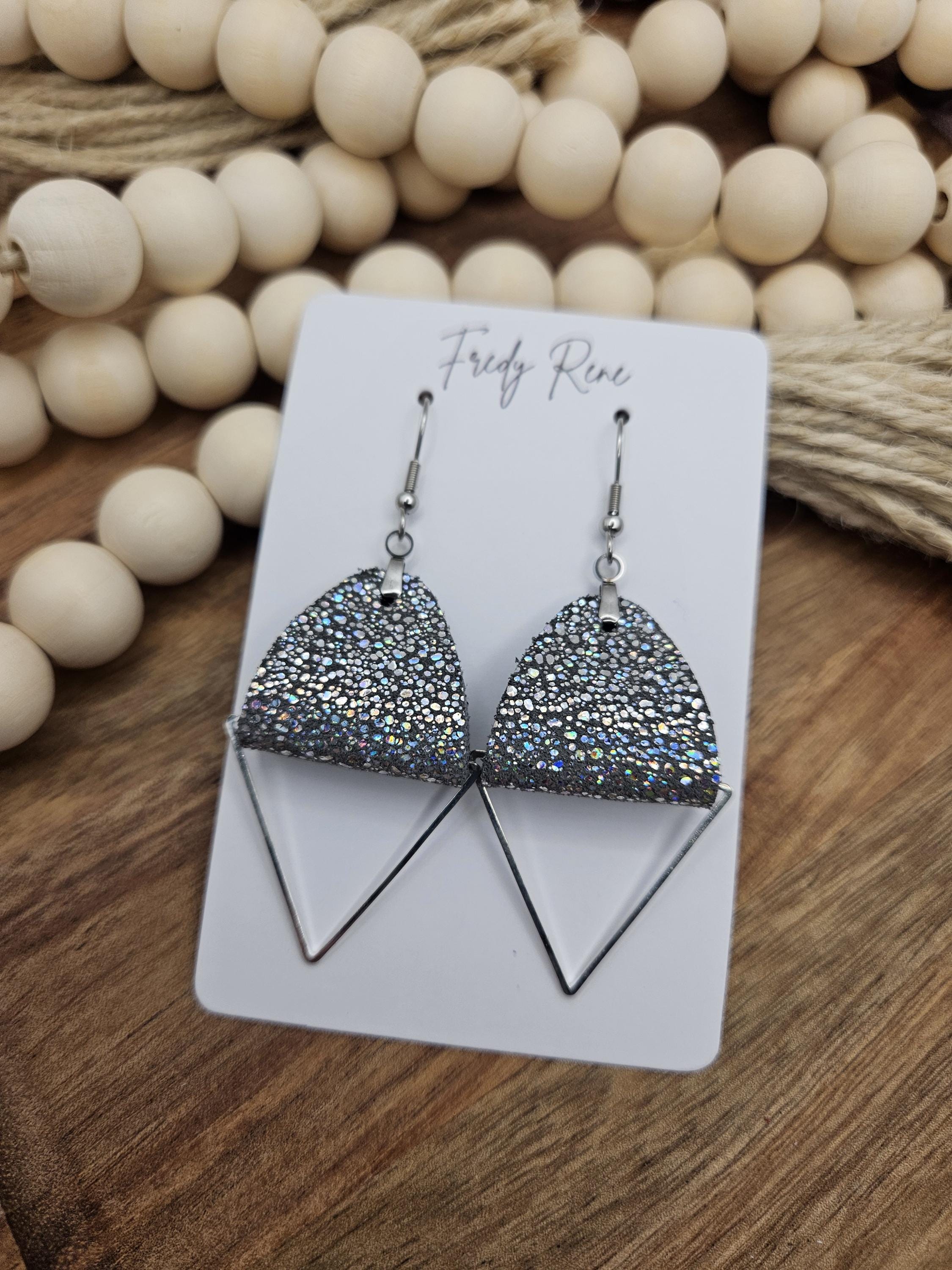 Handmade Silver Sparkle Leather Earrings with Silver Metal Triangle- Lightweight - Thumbnail 2
