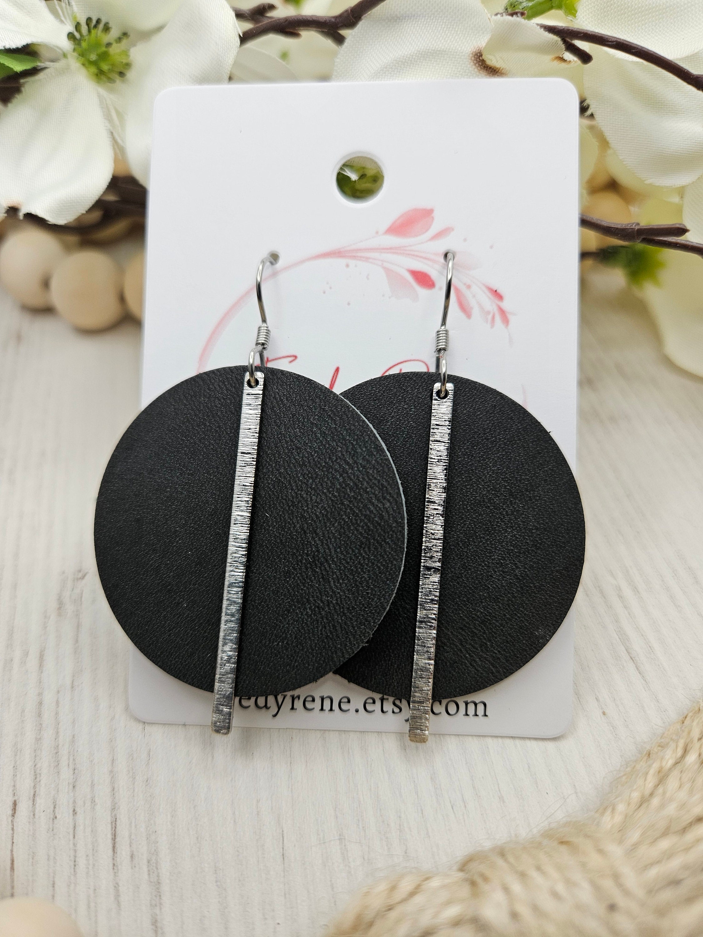 Stylish Dark Grey Leather Earrings with Silver Brass Bars - Handmade Genuine Leather Statement Earrings