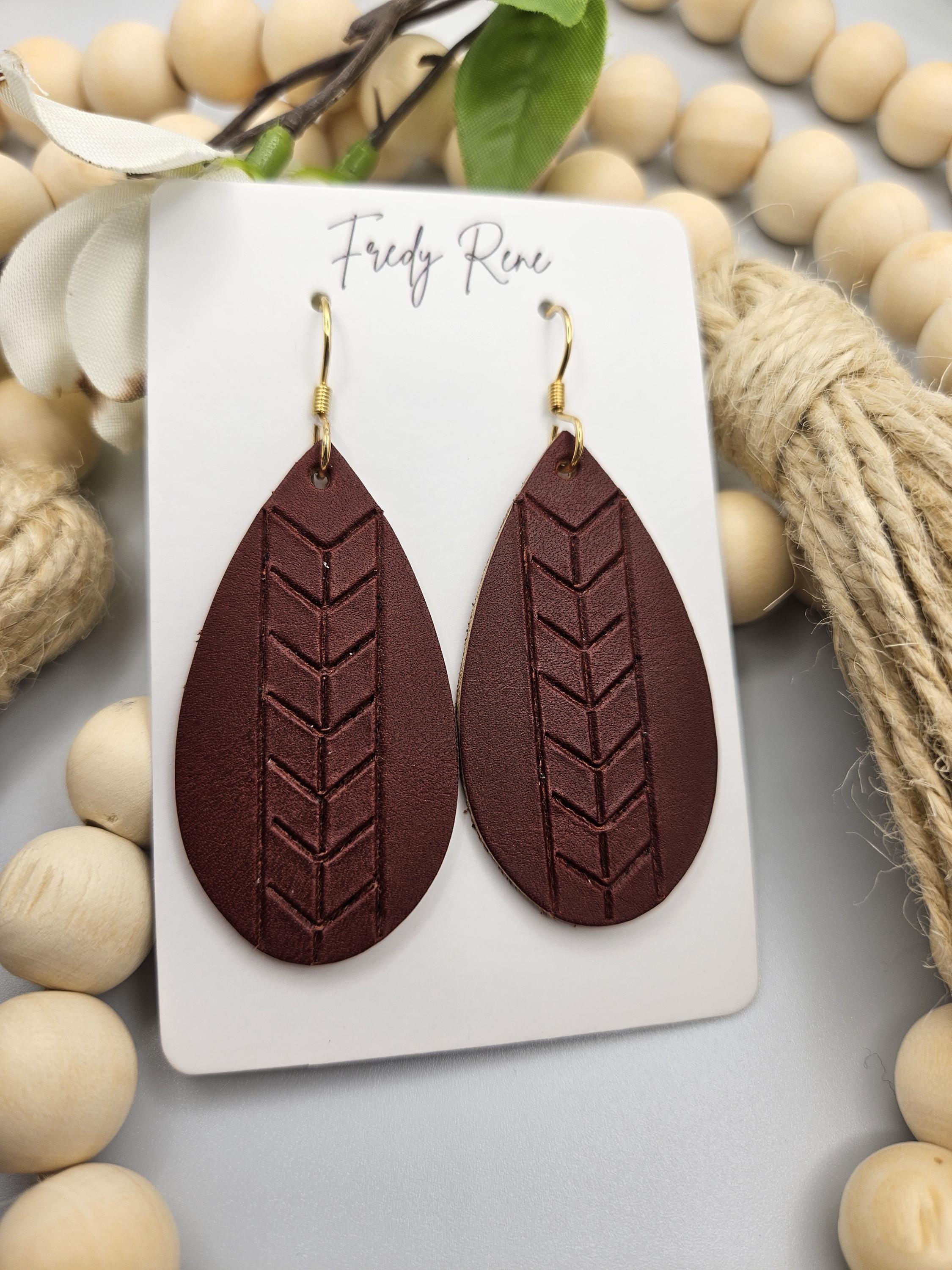 Medium Handmade Embossed Leather Teardrop Earrings in Reddish Brown - Thumbnail 2