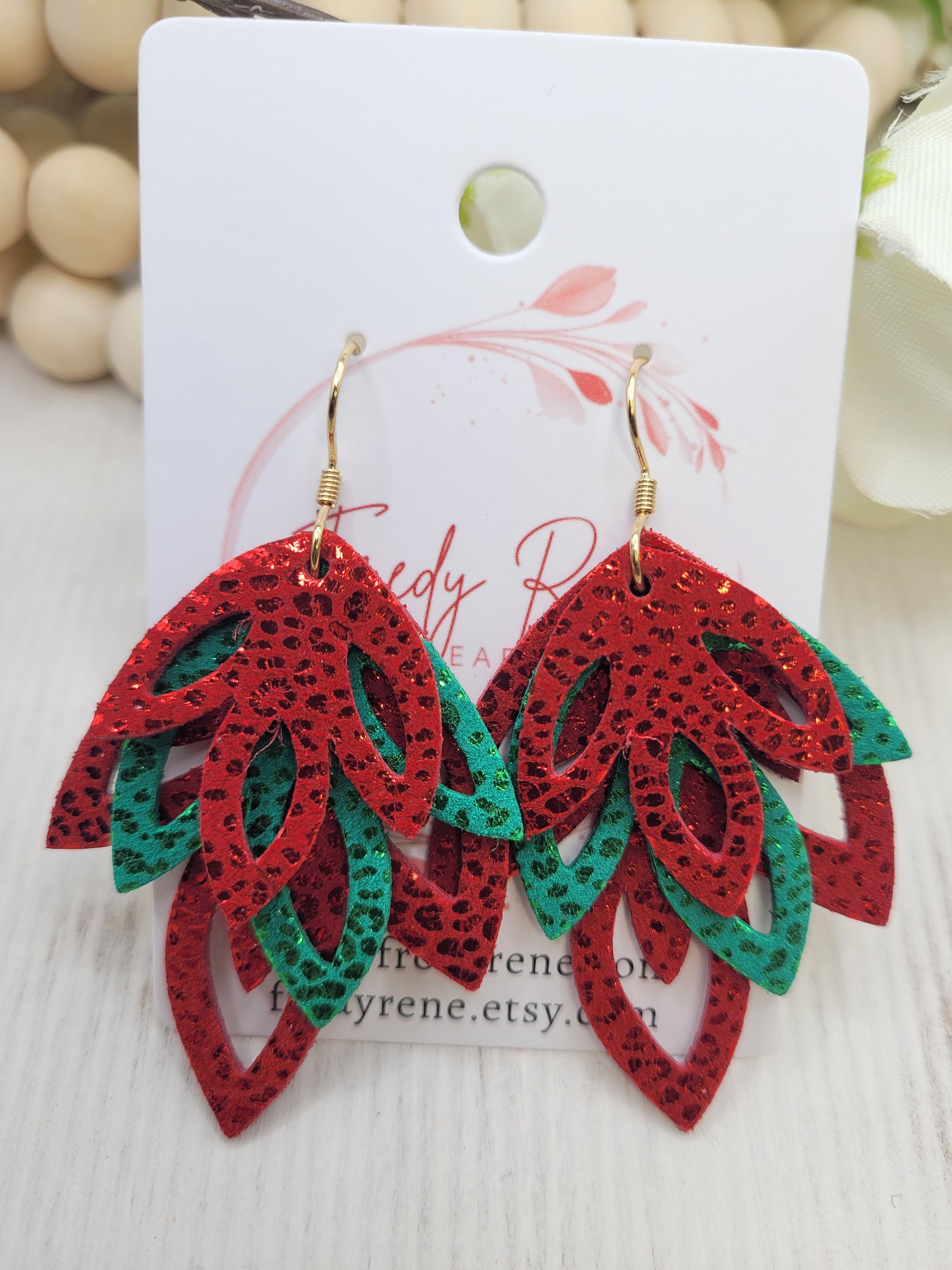 Red & Green Iridescence Festive Leather Earrings- Handmade Lightweight Holiday Dangles - Thumbnail 2