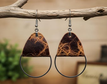 Rustic Brown Leather Earrings with Metal Circle Detail