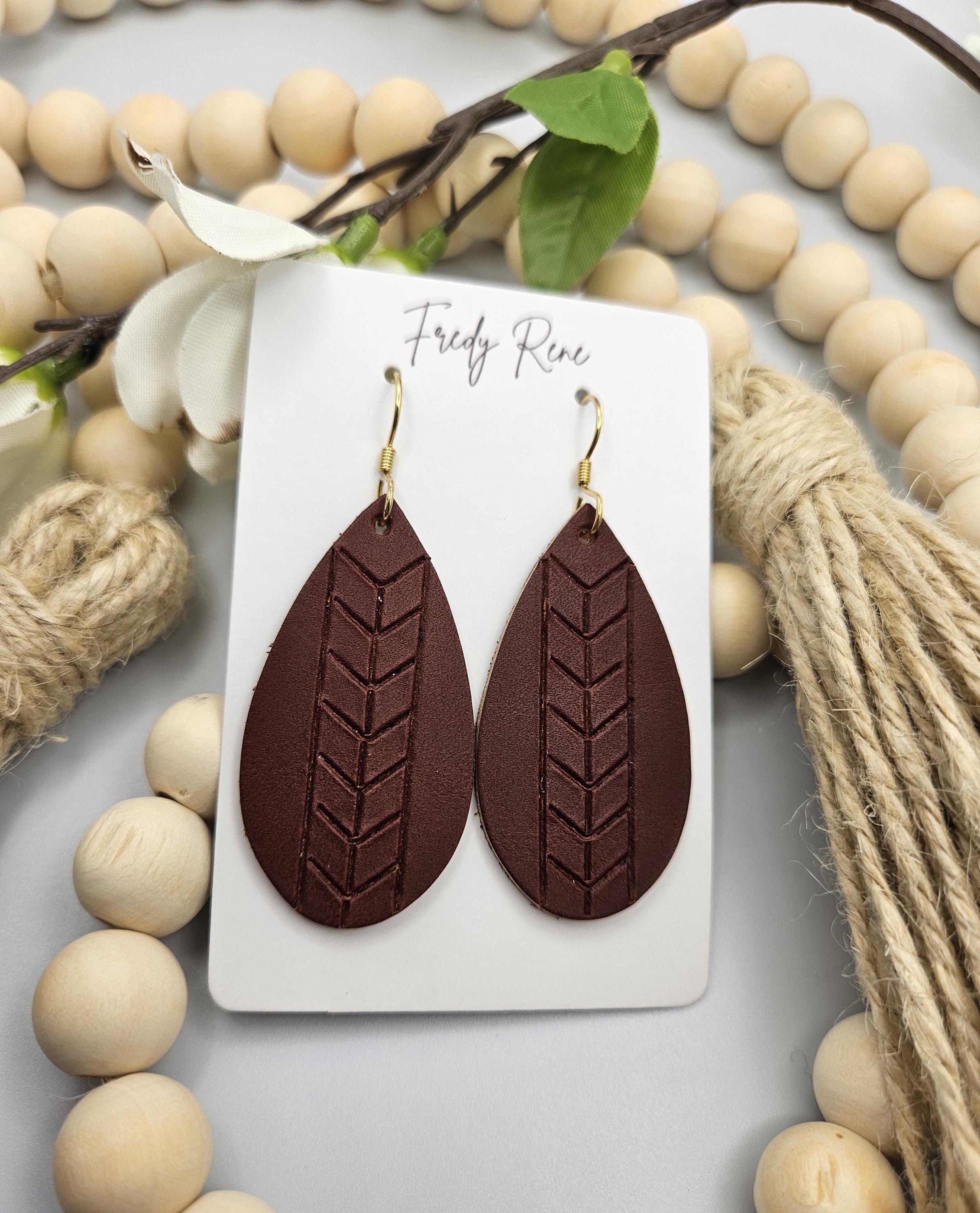 Medium Handmade Embossed Leather Teardrop Earrings in Reddish Brown