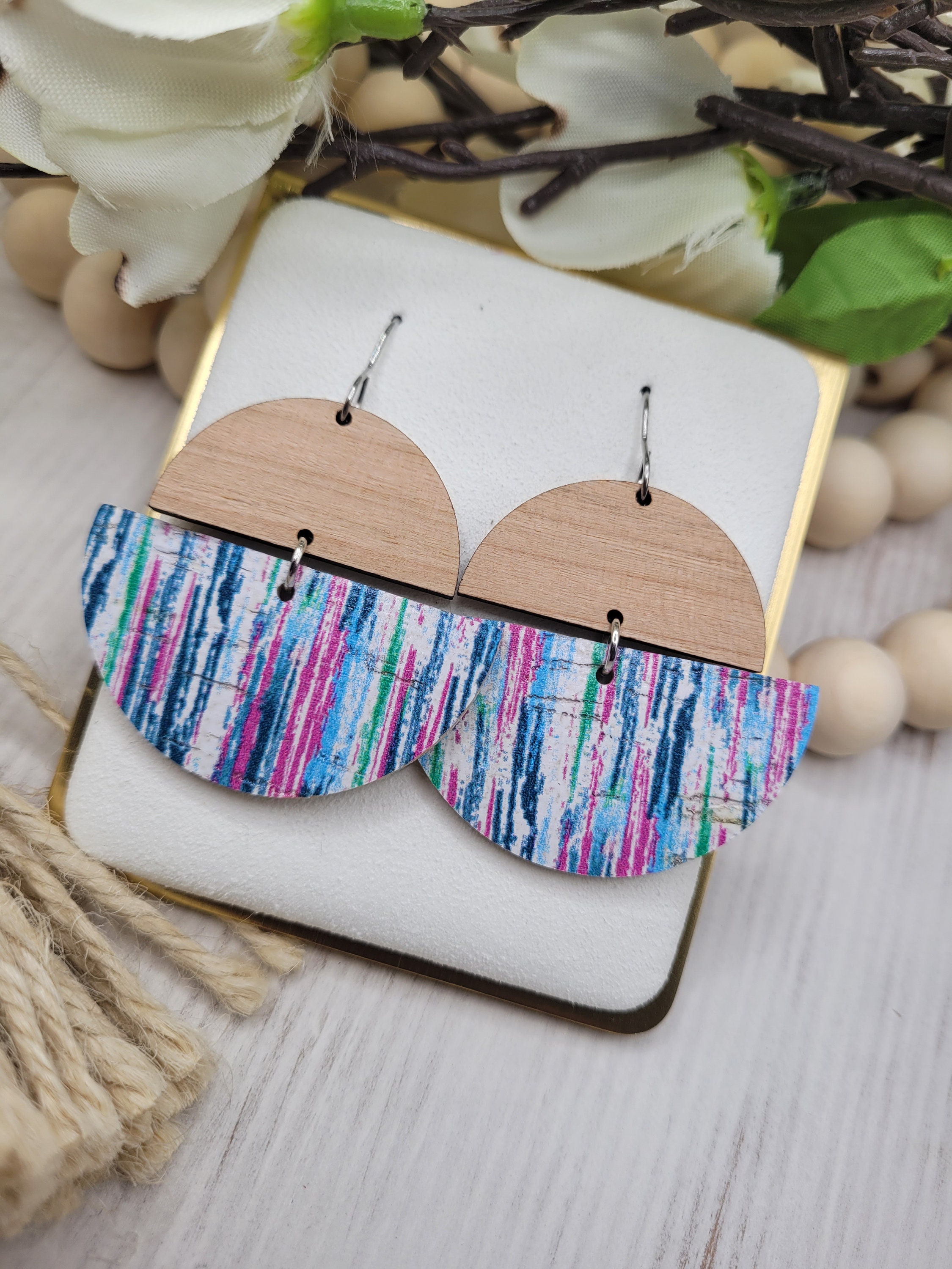 Handmade Wooden and Striped Cork backed with Leather Earrings with Light Weight Design - Thumbnail 2