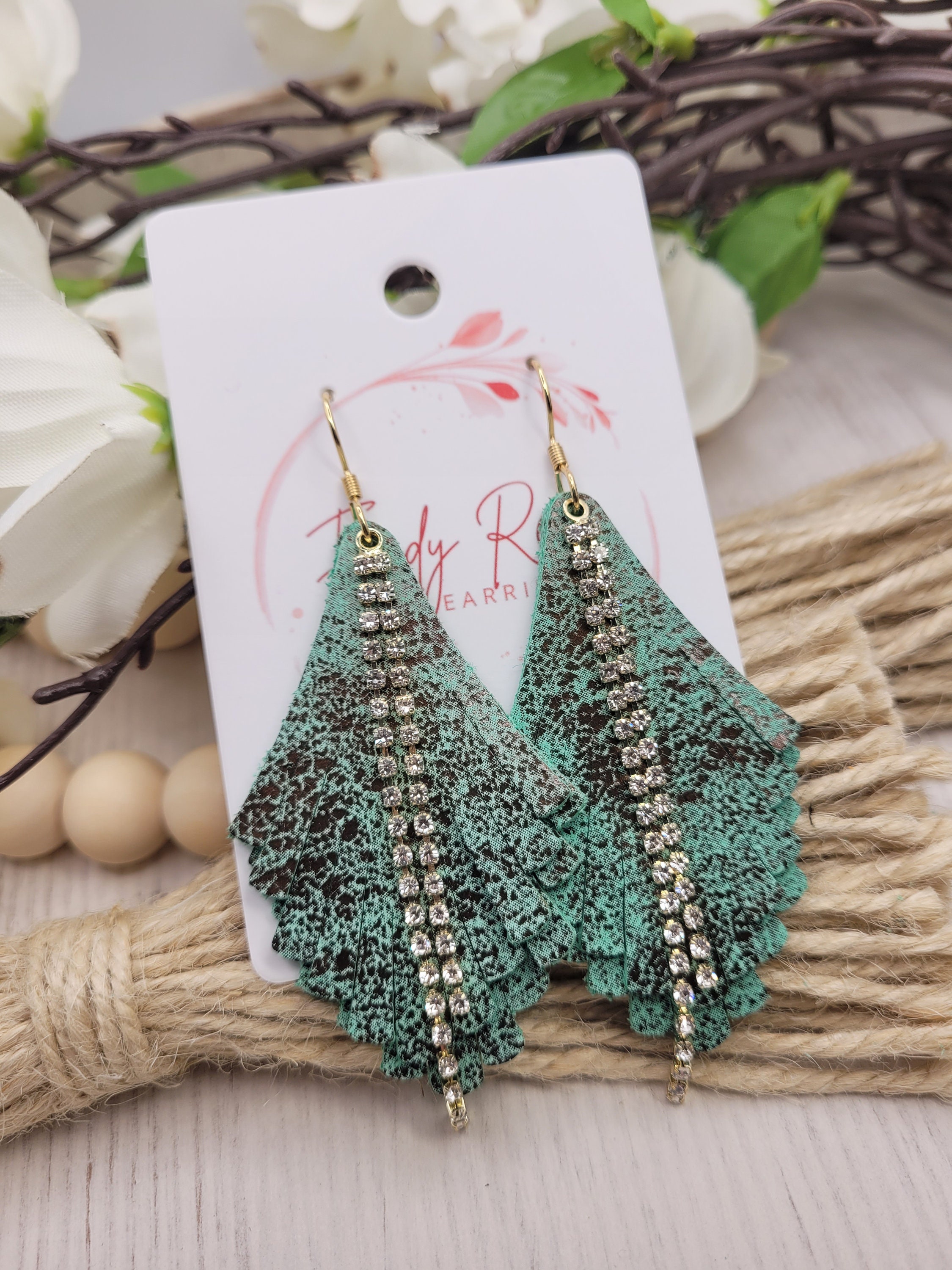 Handmade Lightweight Leather Earrings with Rhinestone Accents - Thumbnail 4