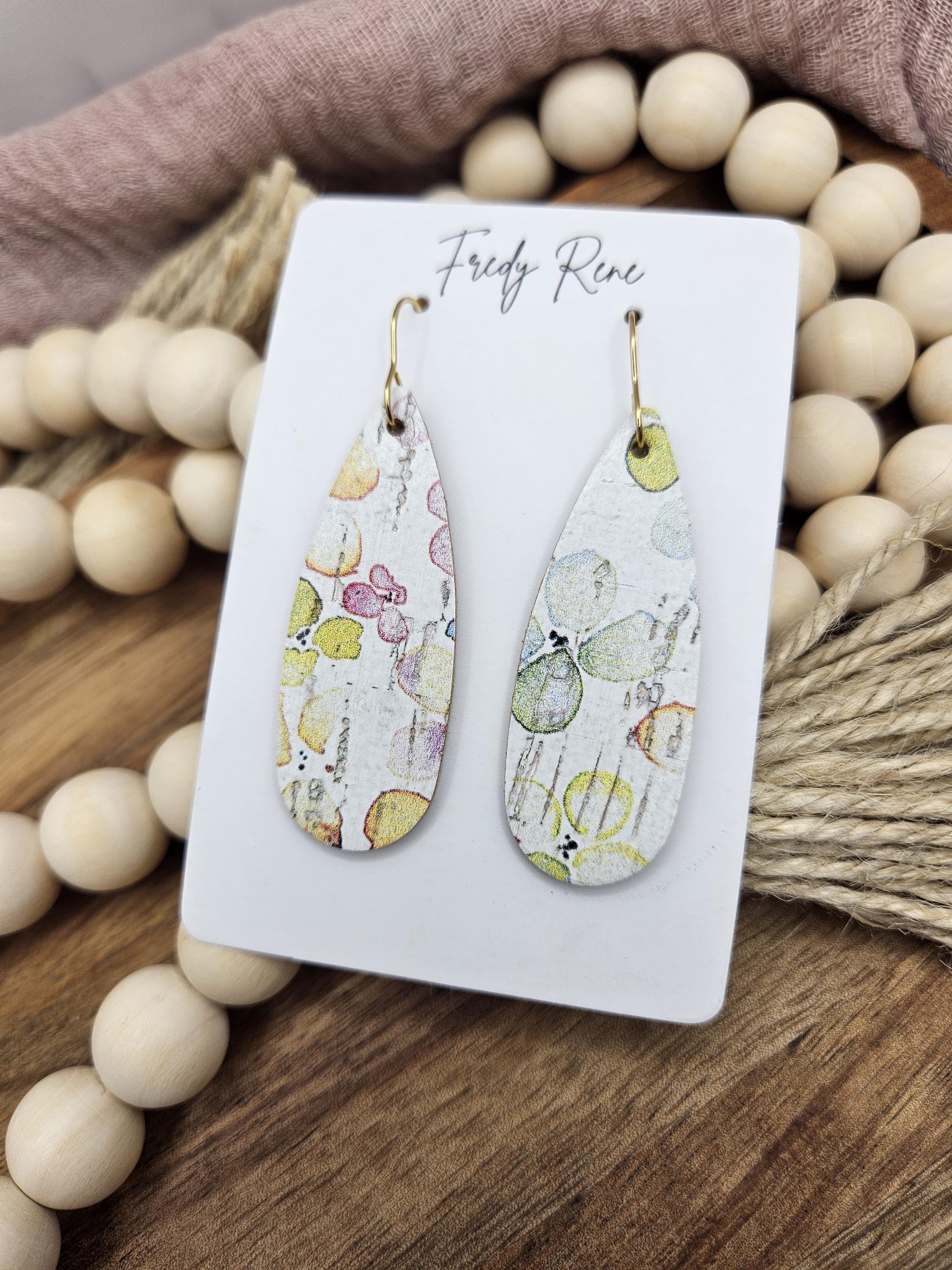 Handcrafted Narrow Watercolor Floral Cork Teardrop Earrings with Genuine Leather Backing - Thumbnail 4