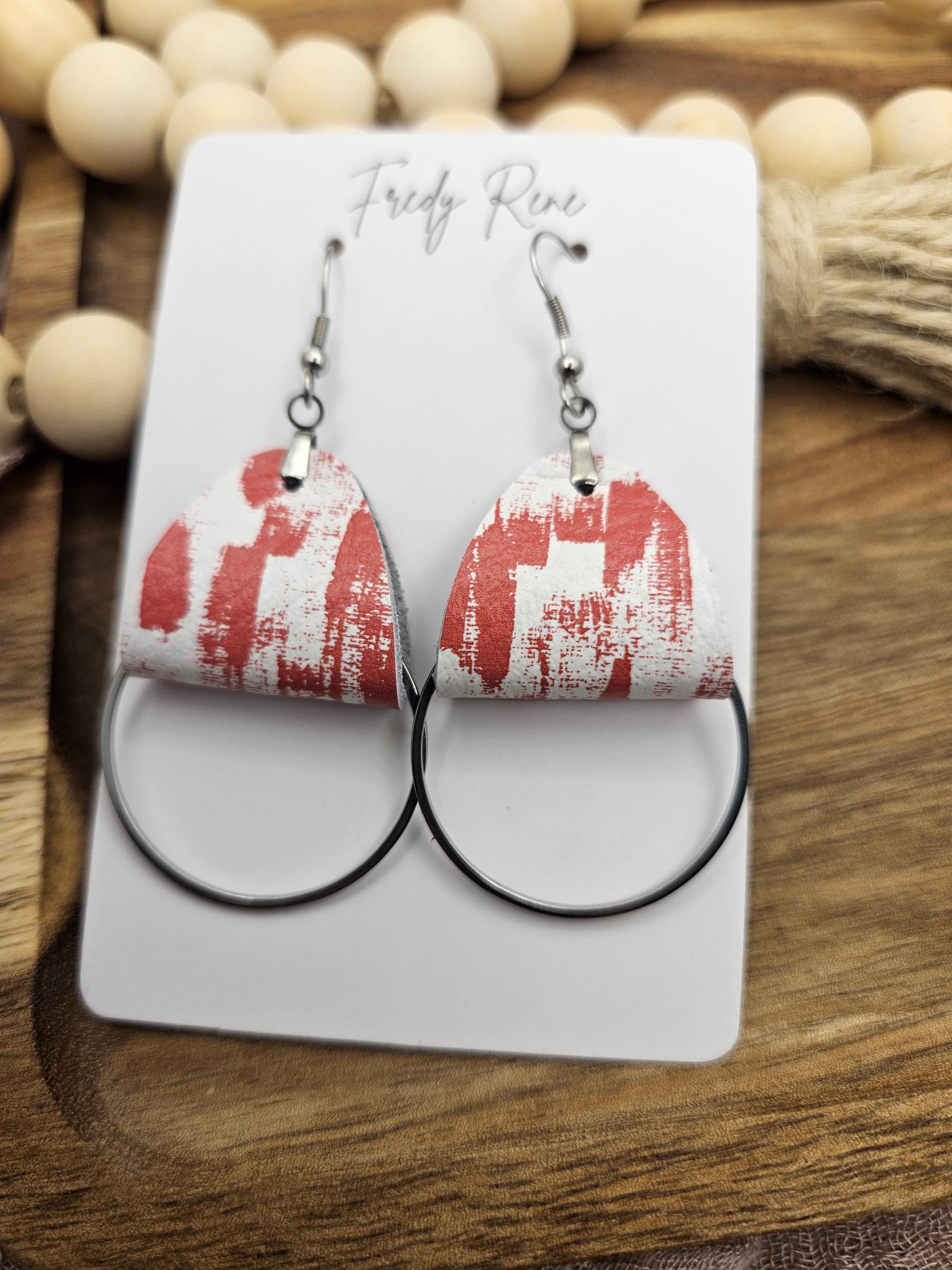 Handmade Red Abstract Striped Leather Earrings with Stainless Steel Circle Detail - Thumbnail 2