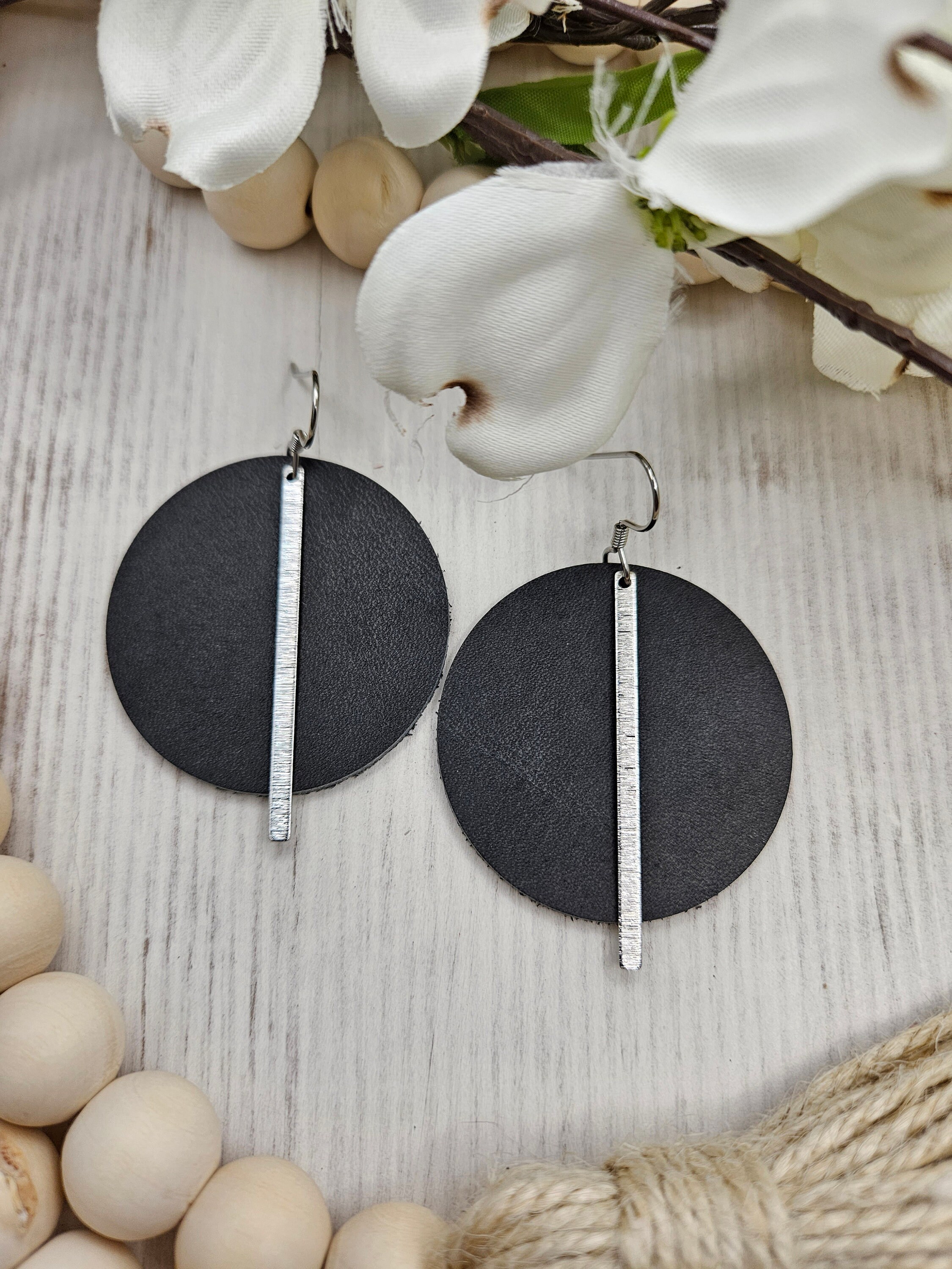 Stylish Dark Grey Leather Earrings with Silver Brass Bars - Handmade Genuine Leather Statement Earrings - Thumbnail 4