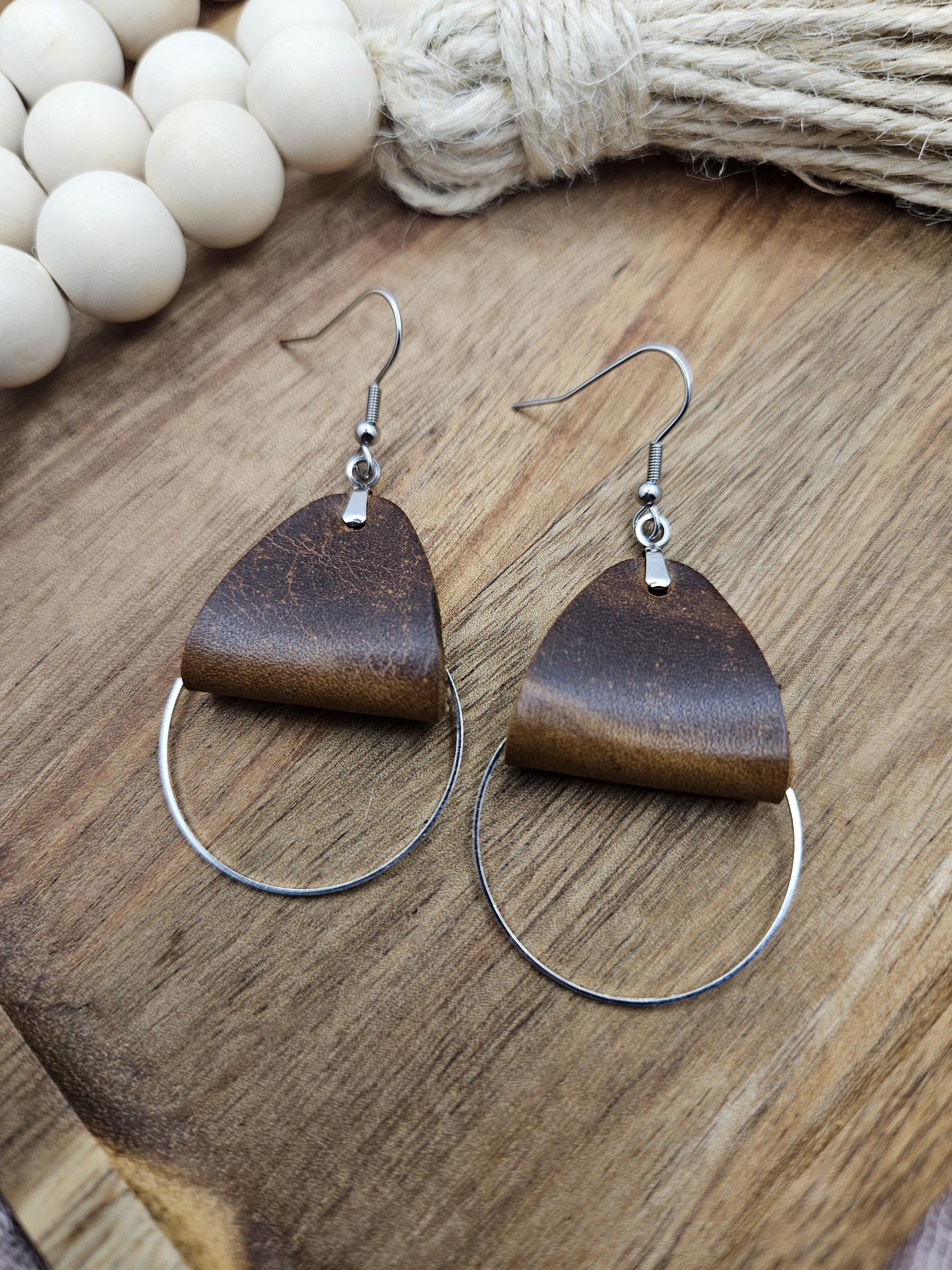 Brown leather dangle earrings, Silver metal circle accent, Light handmade genuine leather, Birthday gift for women, Rustic Boho drop earring - Thumbnail 7