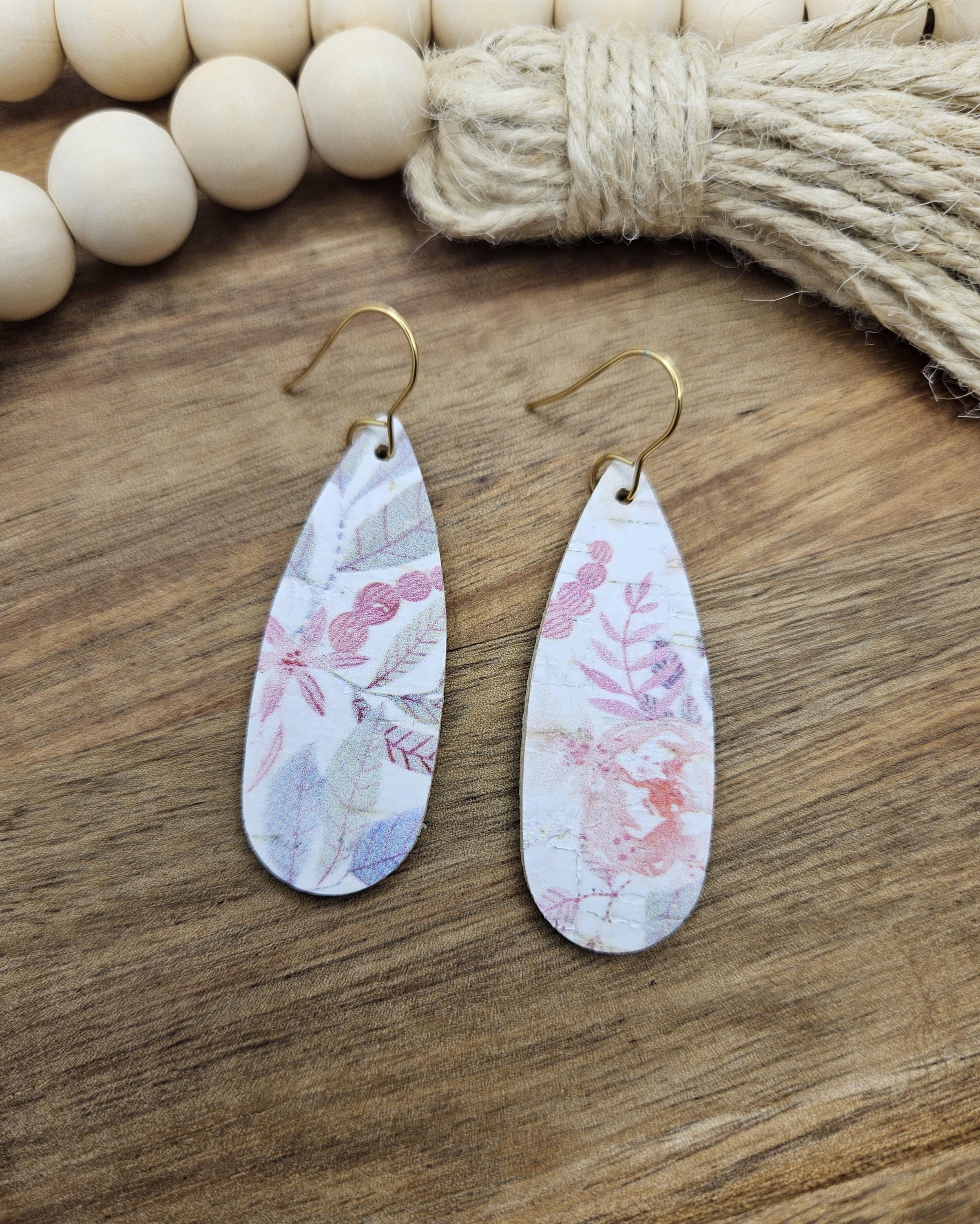 Handcrafted Narrow Floral Cork Teardrop Earrings with Genuine Leather Backing - Thumbnail 4
