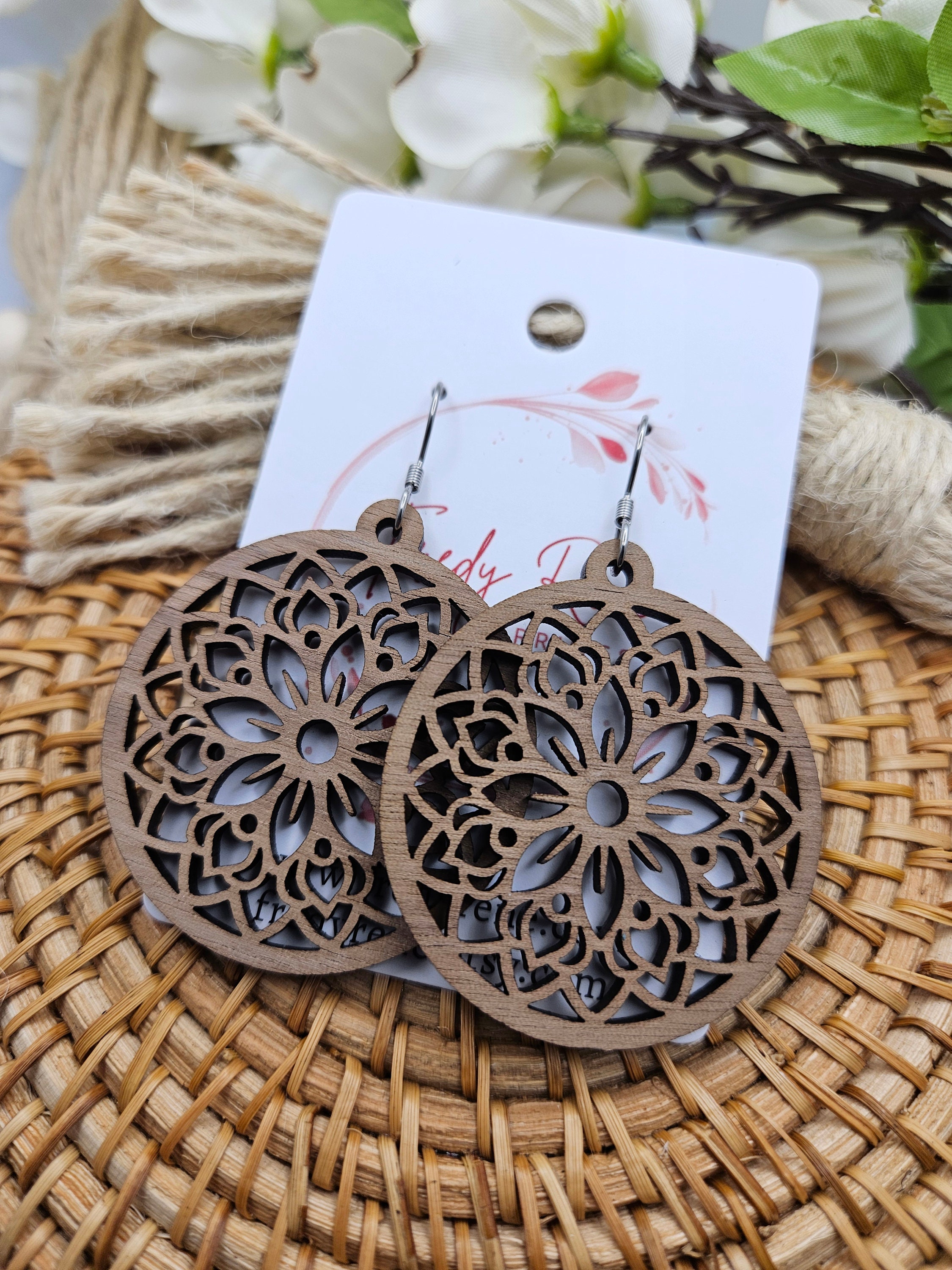 Handmade Lightweight Floral Walnut Colored Wood Earrings for Everyday Wear - Thumbnail 5