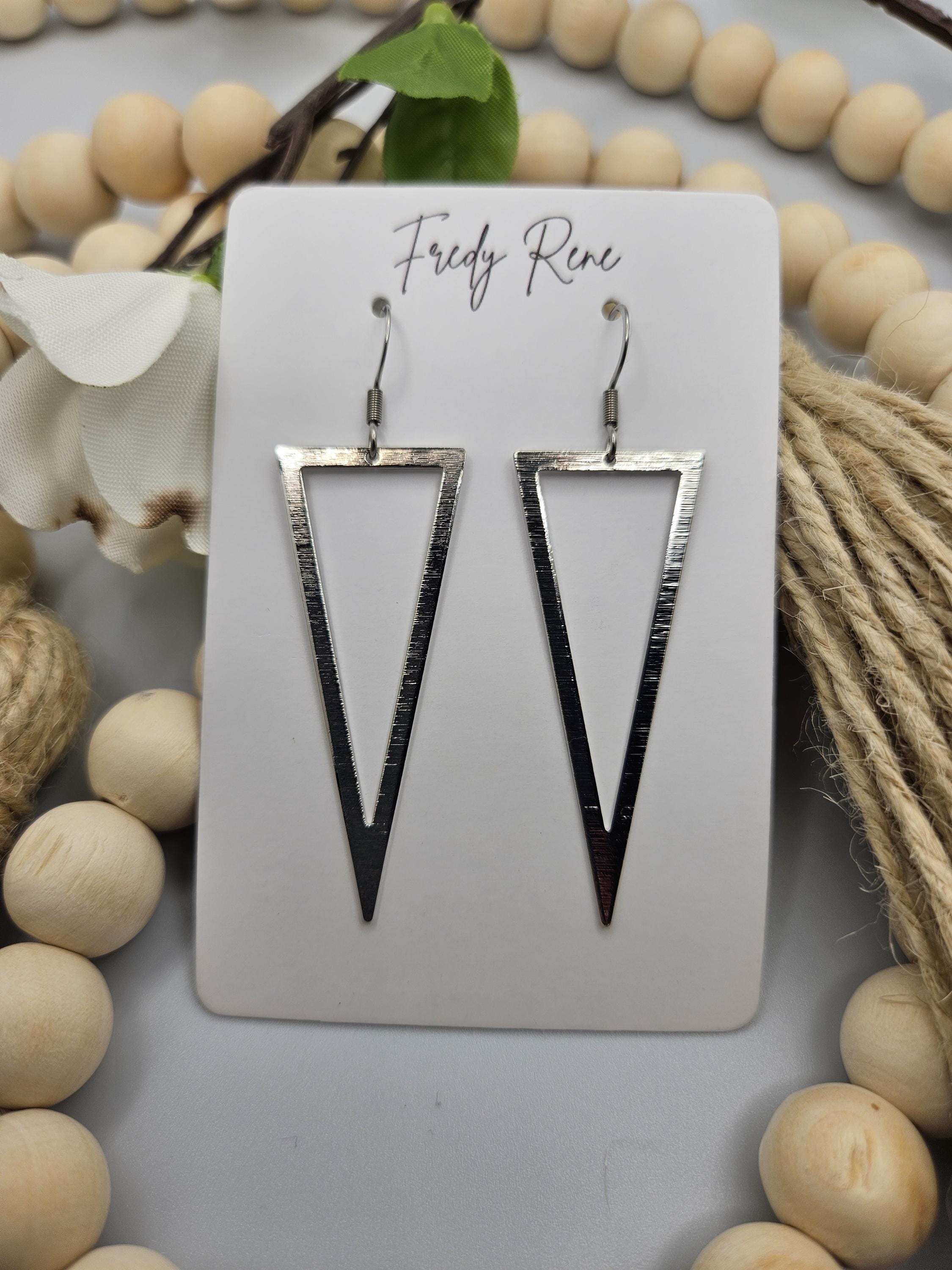 Silver Colored Brass Triangle Earrings - Thumbnail 4