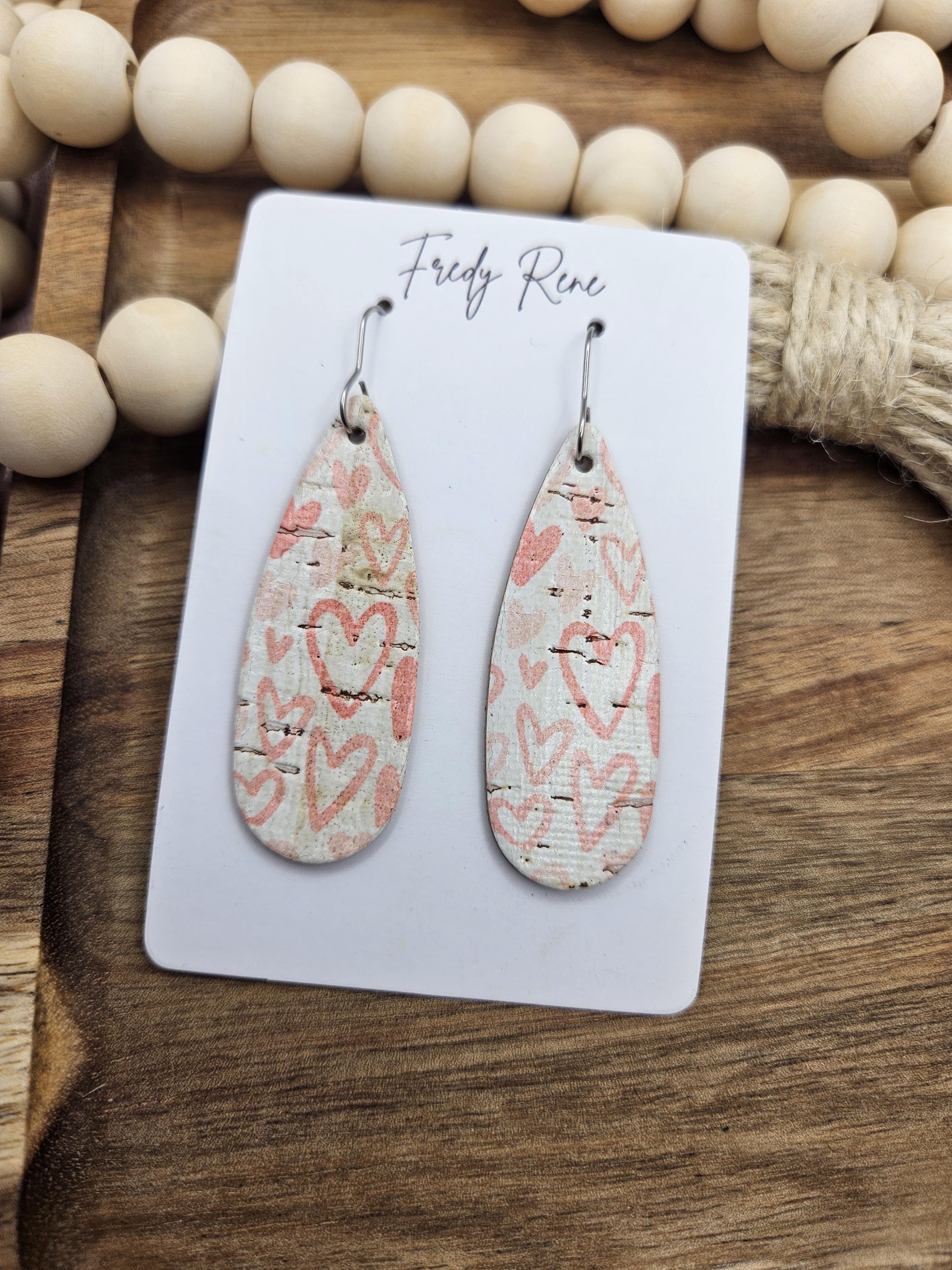 Handcrafted Narrow Heart Cork Teardrop Earrings with Genuine Leather Backing - Thumbnail 6