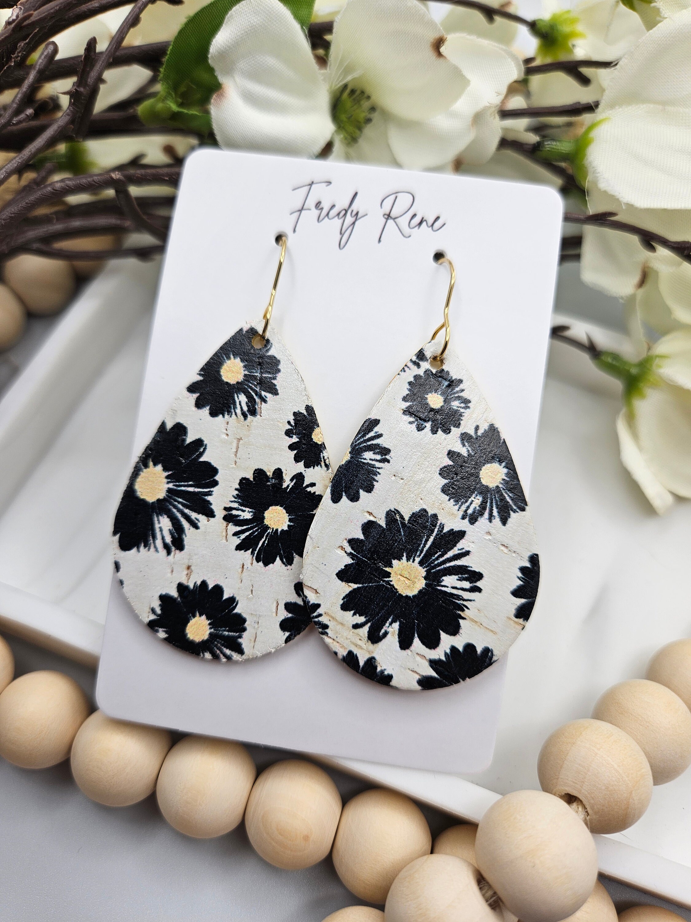 Medium Black Floral Cork Teardrop Earrings with Genuine Leather Backing- Lightweight, Trendy, Unique Design - Image 1