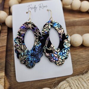 Handmade Genuine Leather Earrings, Black Multicolor Iridescent Floral