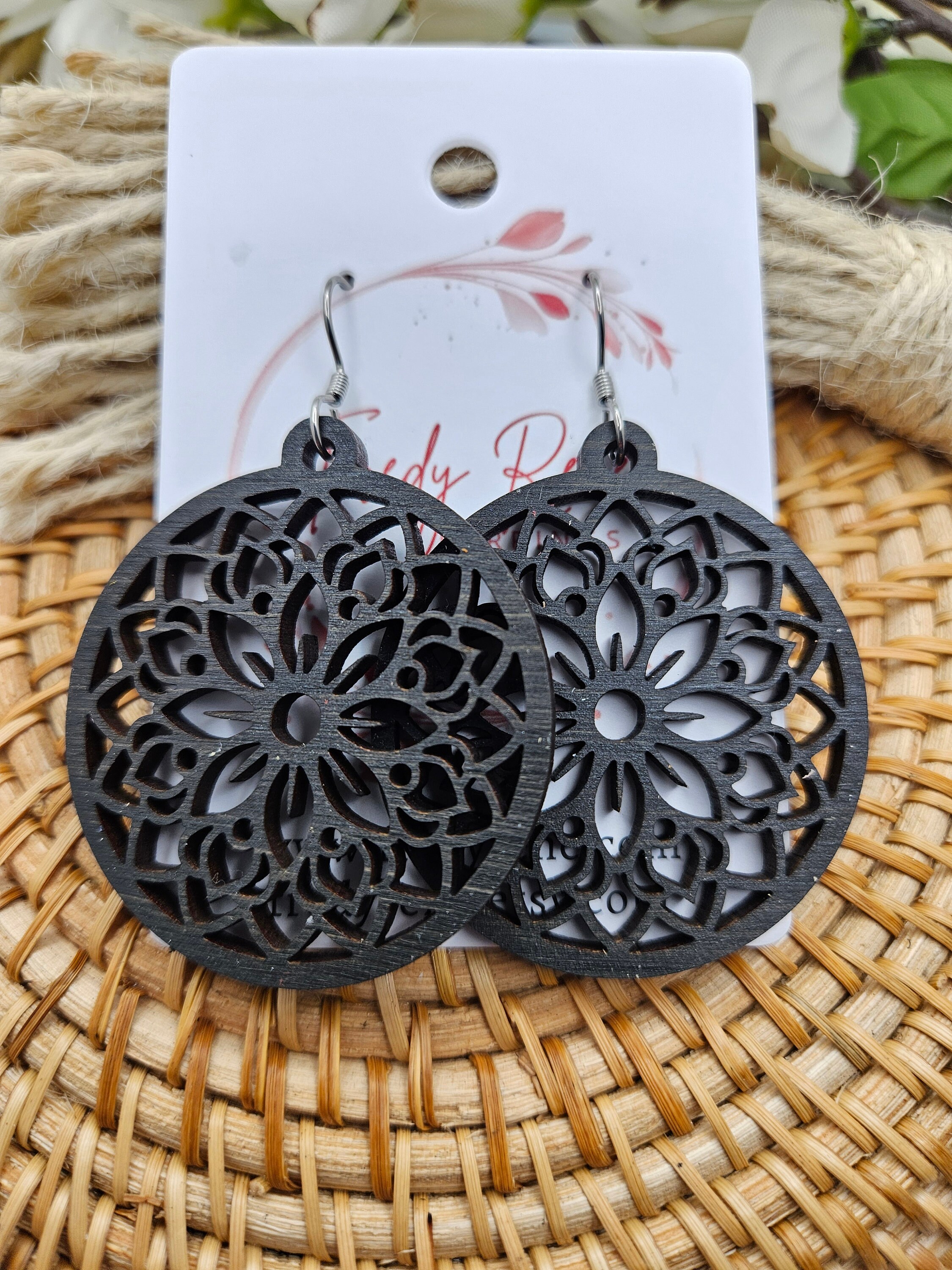Handmade Lightweight Wooden Floral Earrings - Trendy Boho Jewelry with Stainless Steel Hooks - Black Wood Dangle Earrings - Thumbnail 4