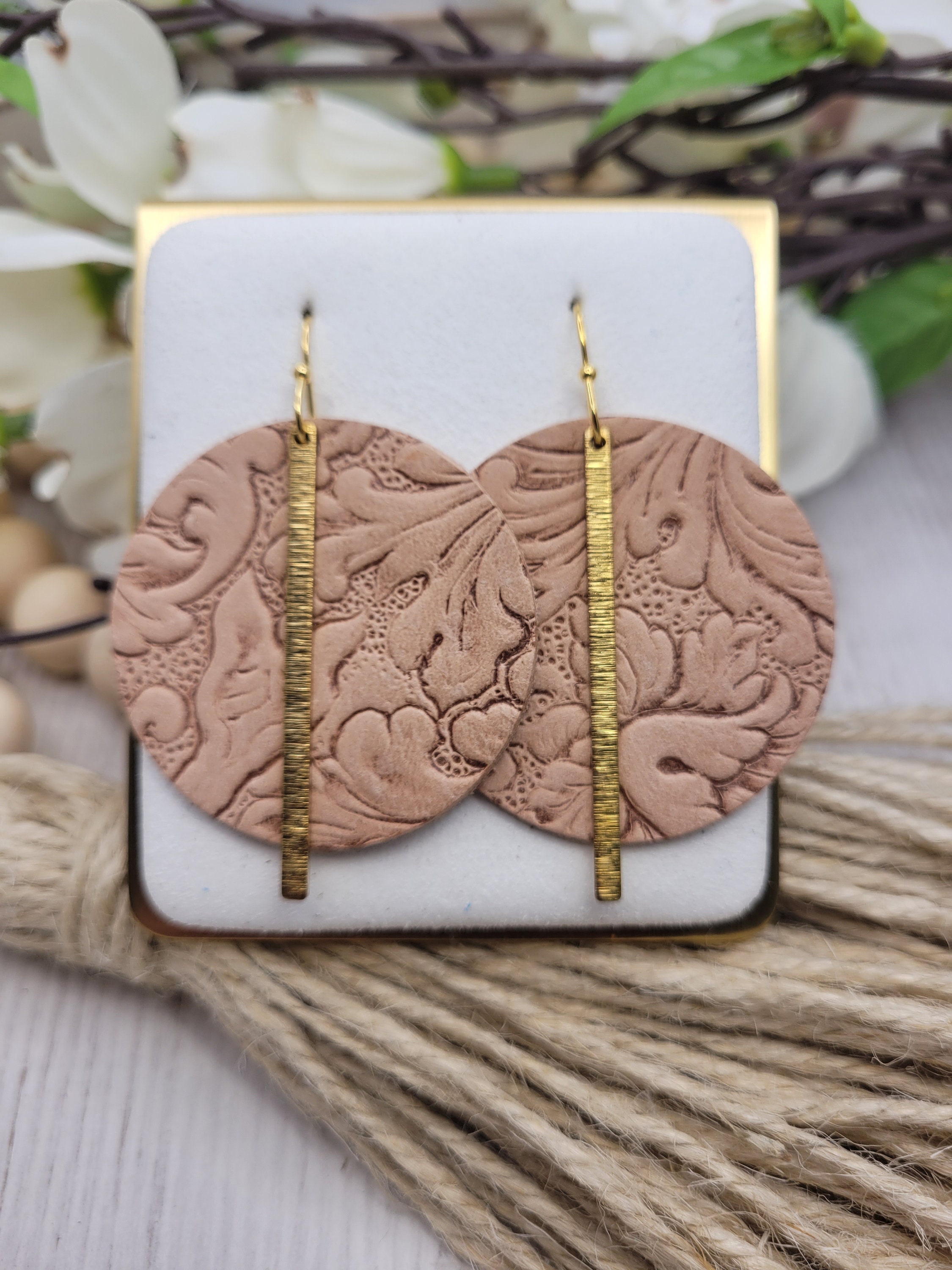 Handmade Embossed Tan Leather & Brass Earrings with Stainless Steel Hooks for Everyday Wear - Thumbnail 3