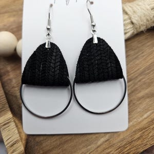 Handmade Black Palm Leaf Genuine Leather Earrings with Metal Circle Detail