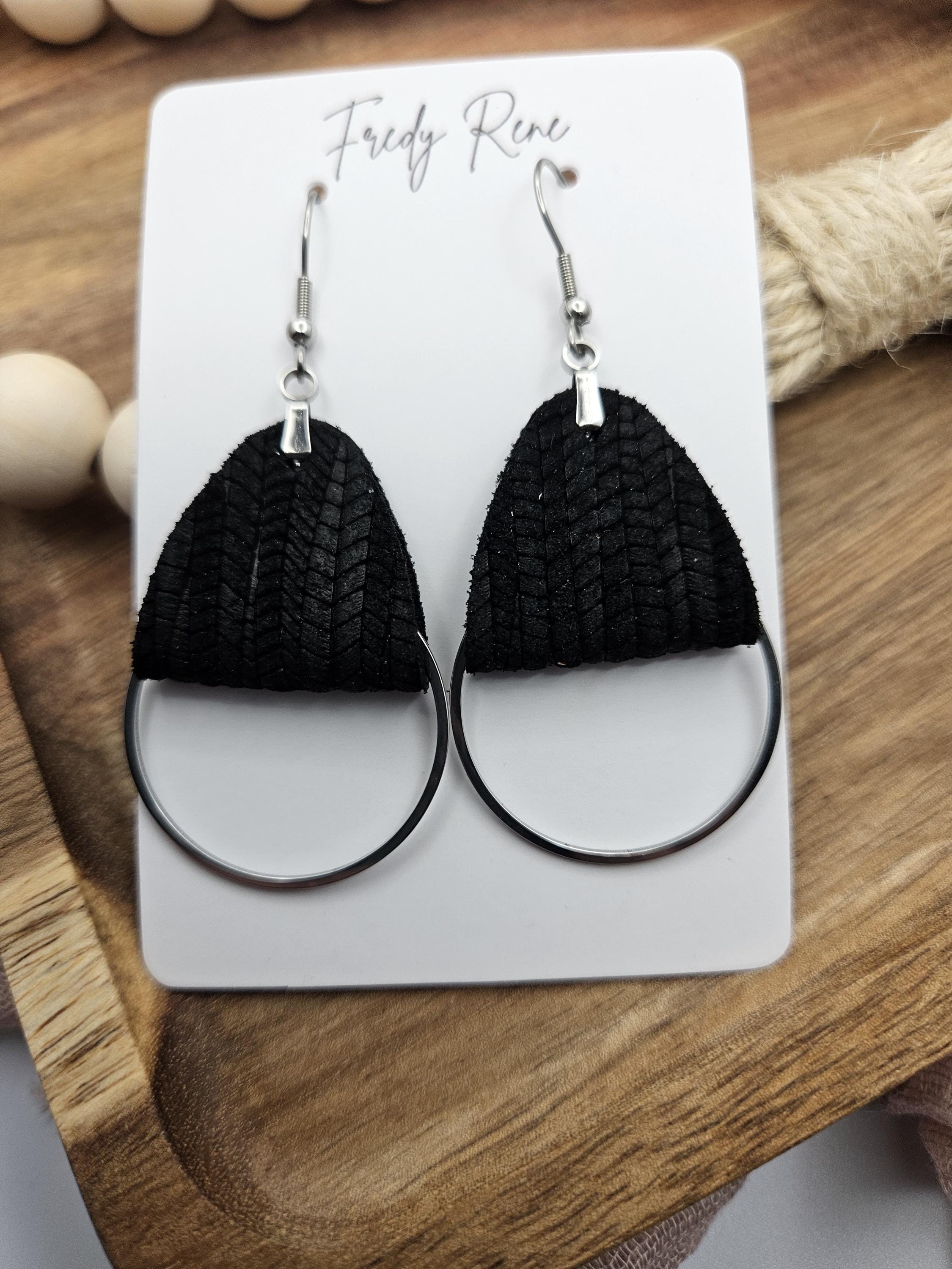 Handmade Black Palm Leaf Genuine Leather Earrings with Metal Circle Detail