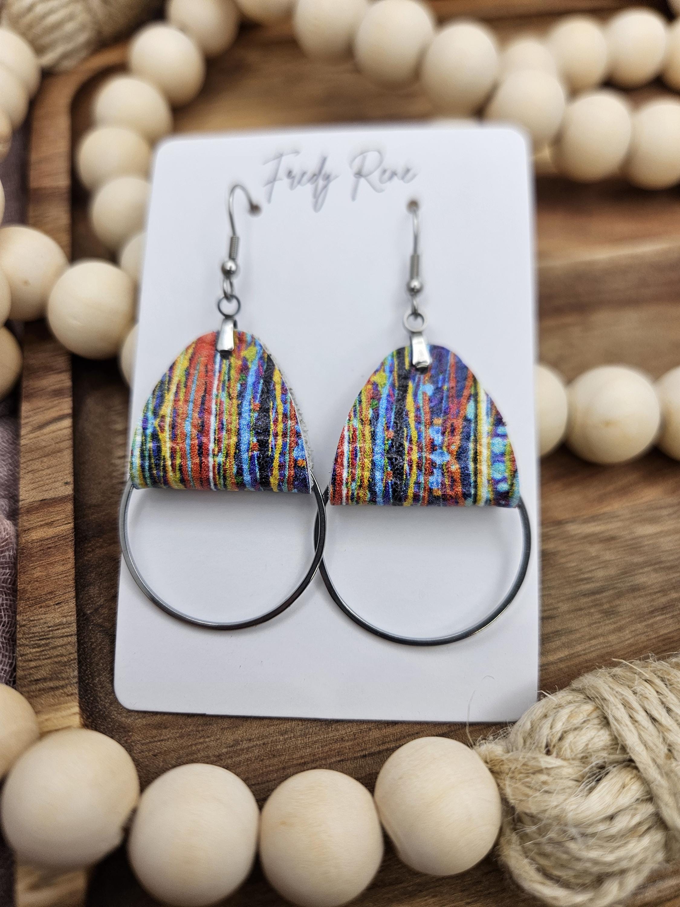 Handmade Striped Genuine Leather Earrings with Metal Circle Detail - Image 1