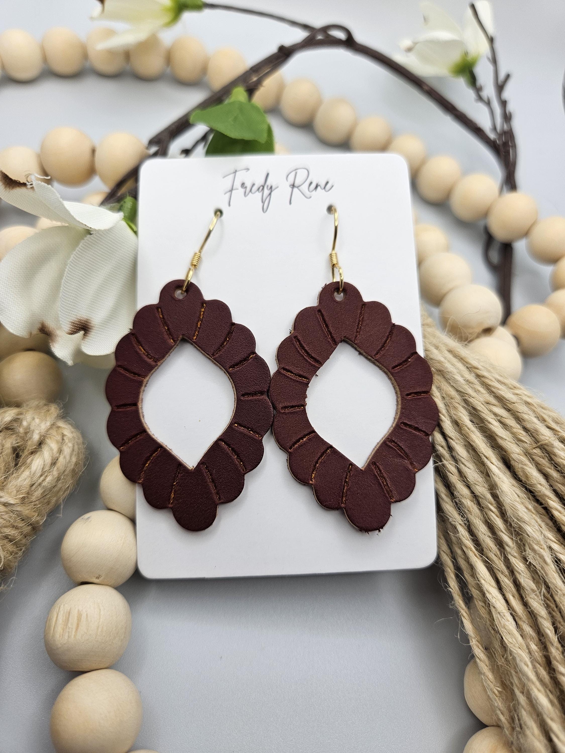 Embossed Reddish Brown Genuine Leather Earrings - Thumbnail 5