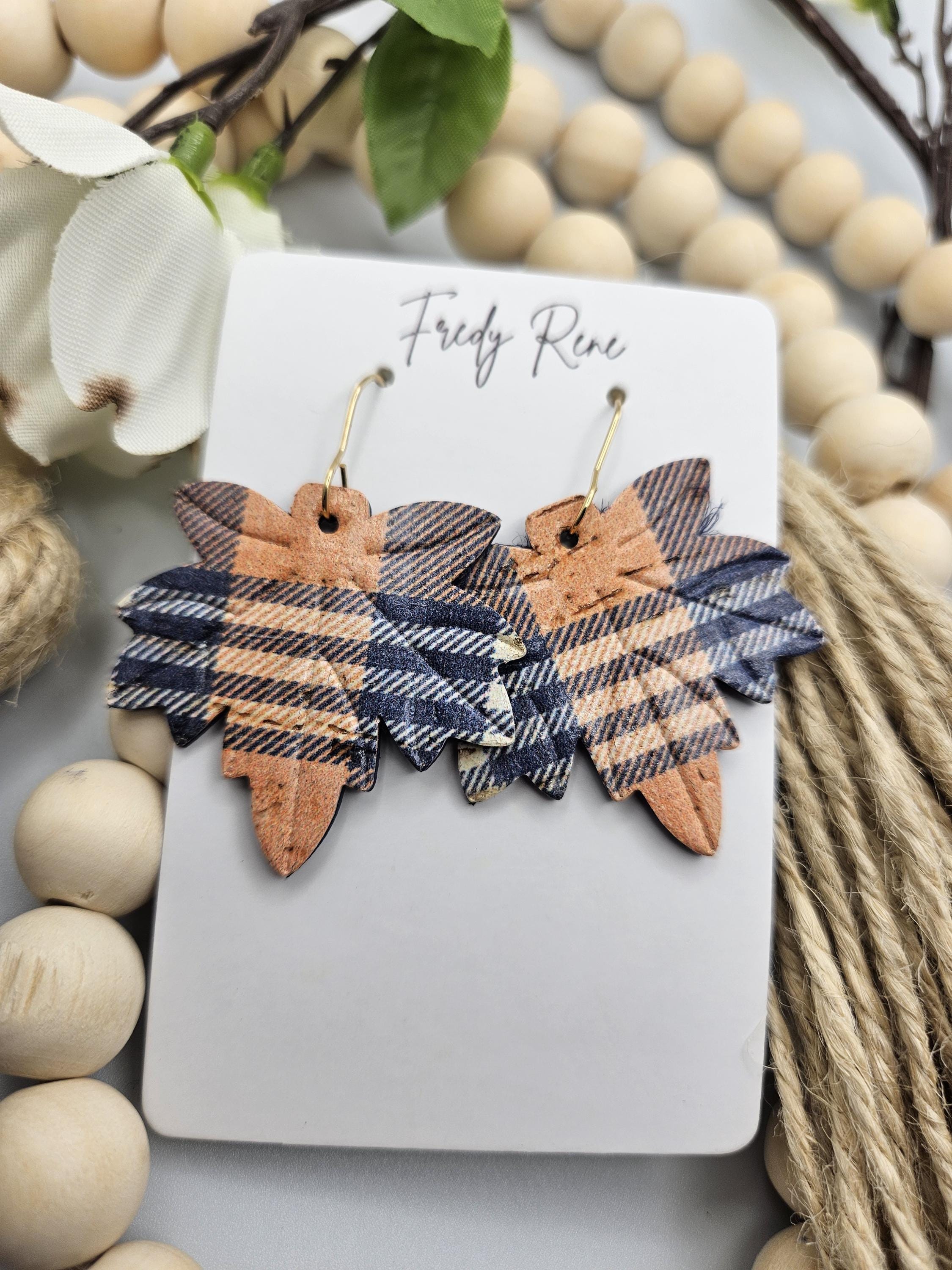 Fall Plaid Leaf Shaped Cork Earrings Backed with Genuine Leather - Thumbnail 2