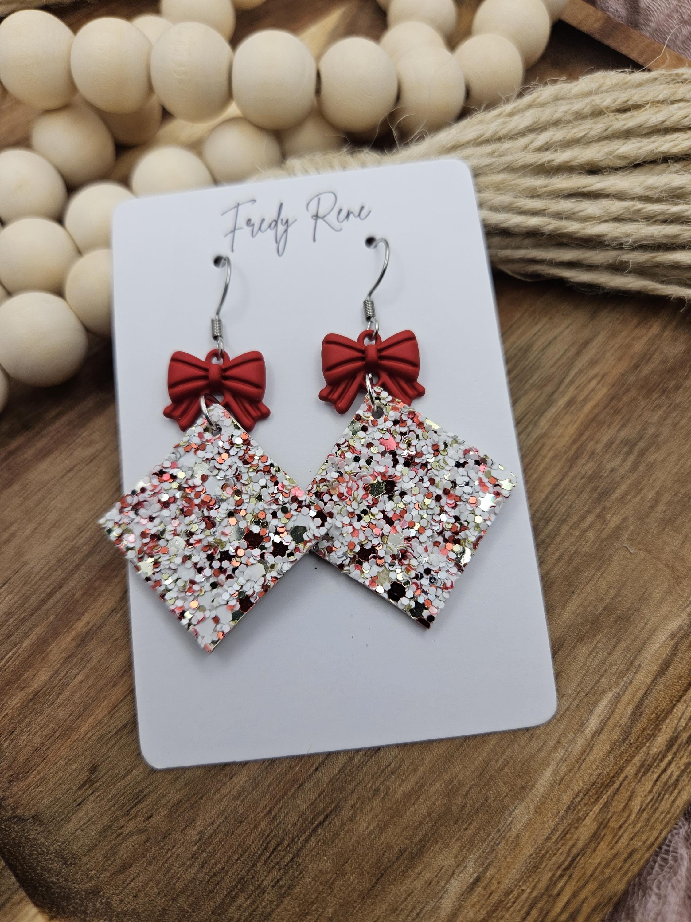 Handcrafted Red & Green Speckled Glitter Cork Earrings backed with Genuine Leather - Thumbnail 2