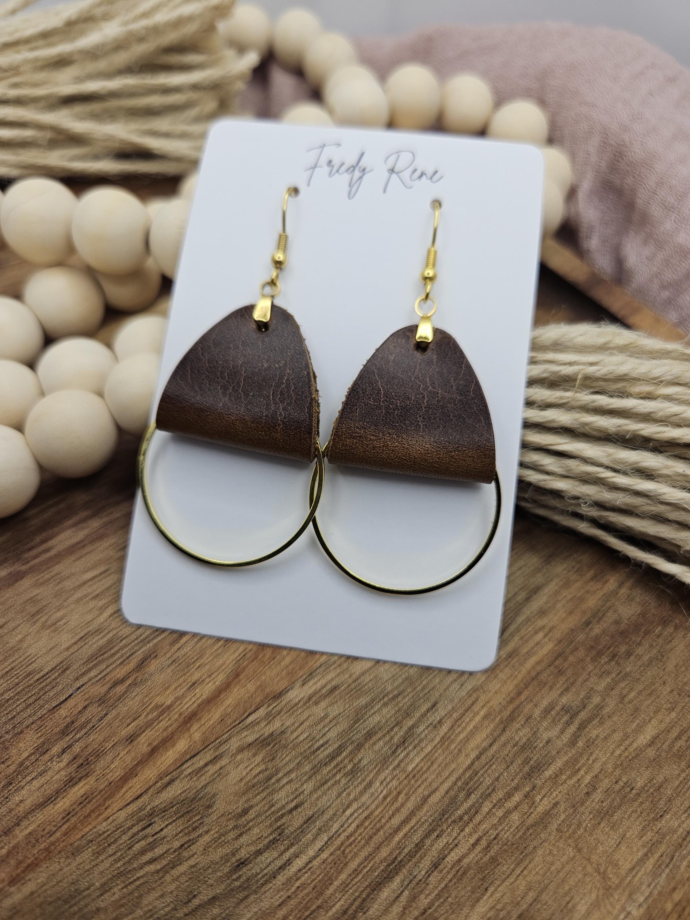 Brown leather dangle earrings, Gold metal circle accent, Light handmade genuine leather, Birthday gift for women, Rustic Boho drop earrings - Thumbnail 3
