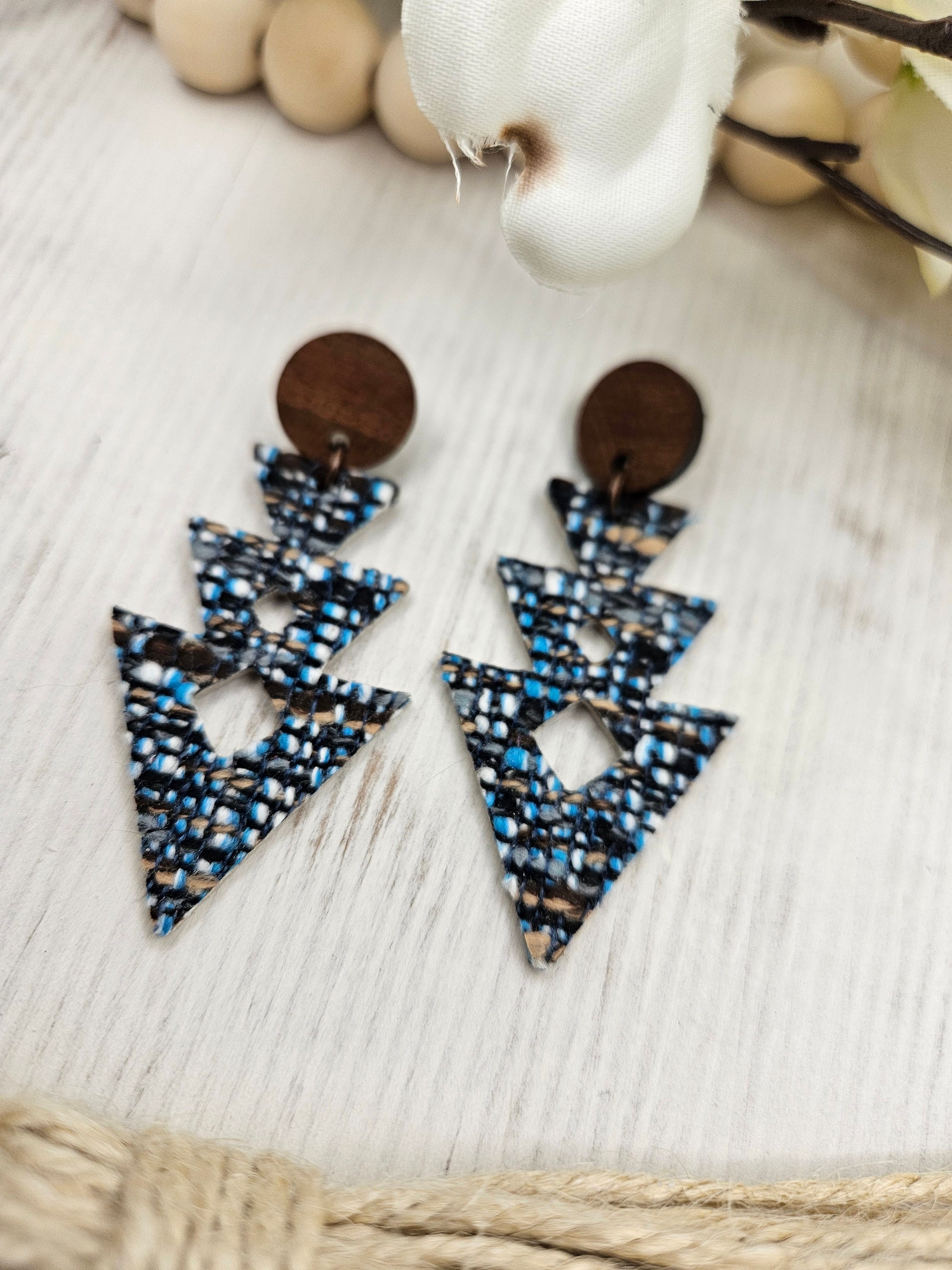 Handmade Lightweight Tweed Earrings with Genuine Leather Backing and Wooden Accent Stud - Thumbnail 6