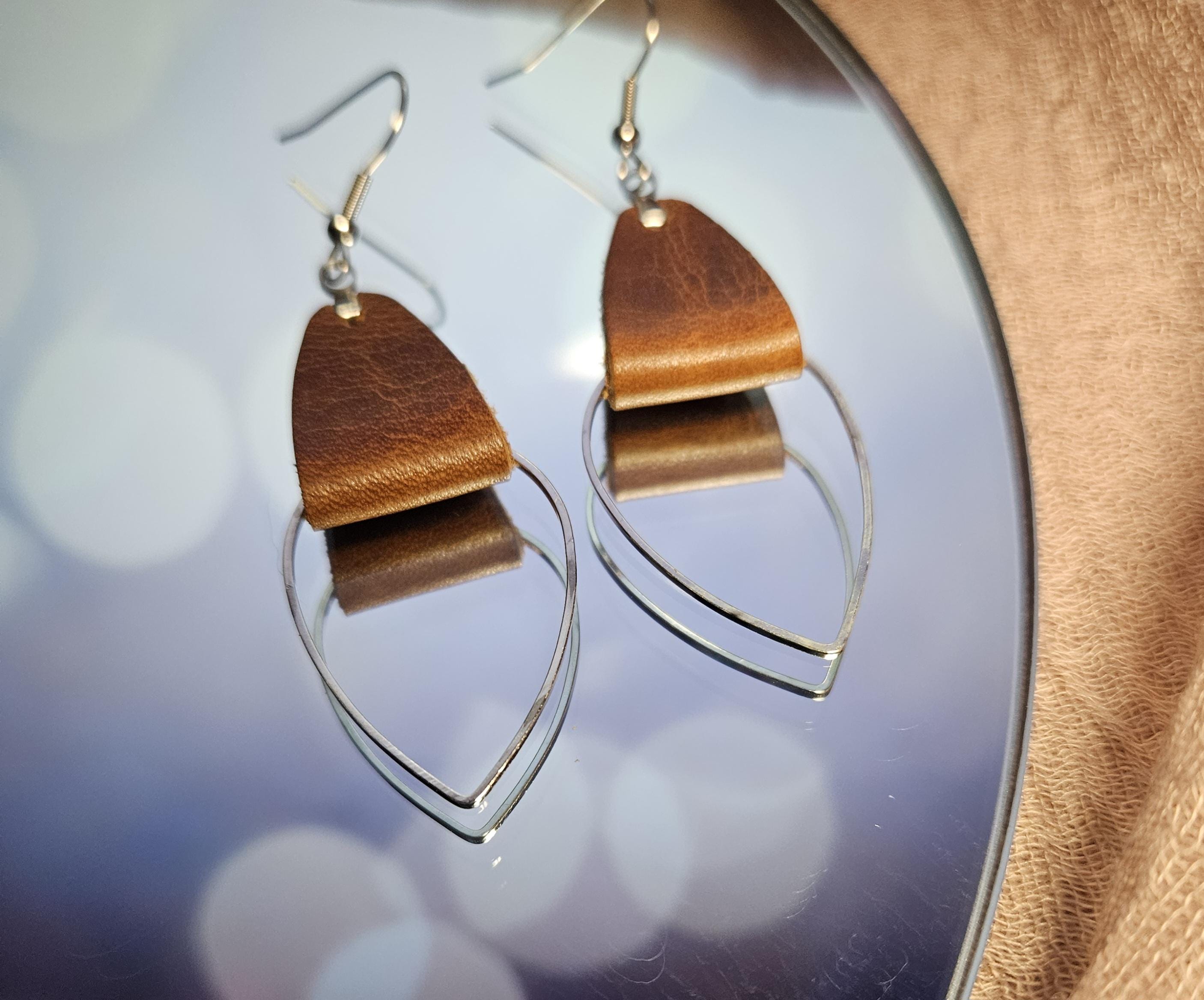 Brown Leather & Metal Teardrop Earrings - Thumbnail 5