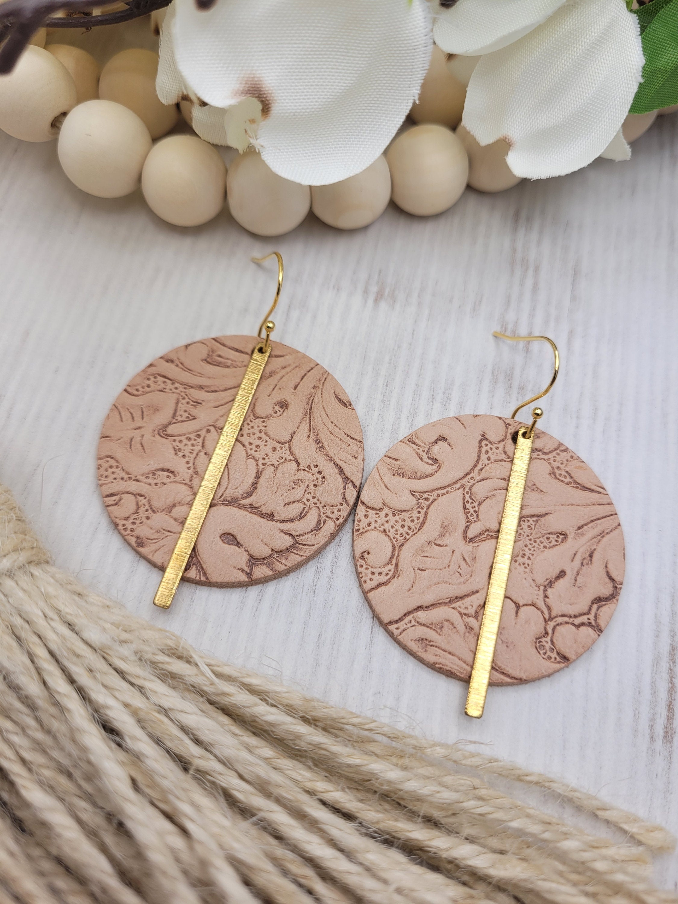 Handmade Embossed Tan Leather & Brass Earrings with Stainless Steel Hooks for Everyday Wear - Thumbnail 6