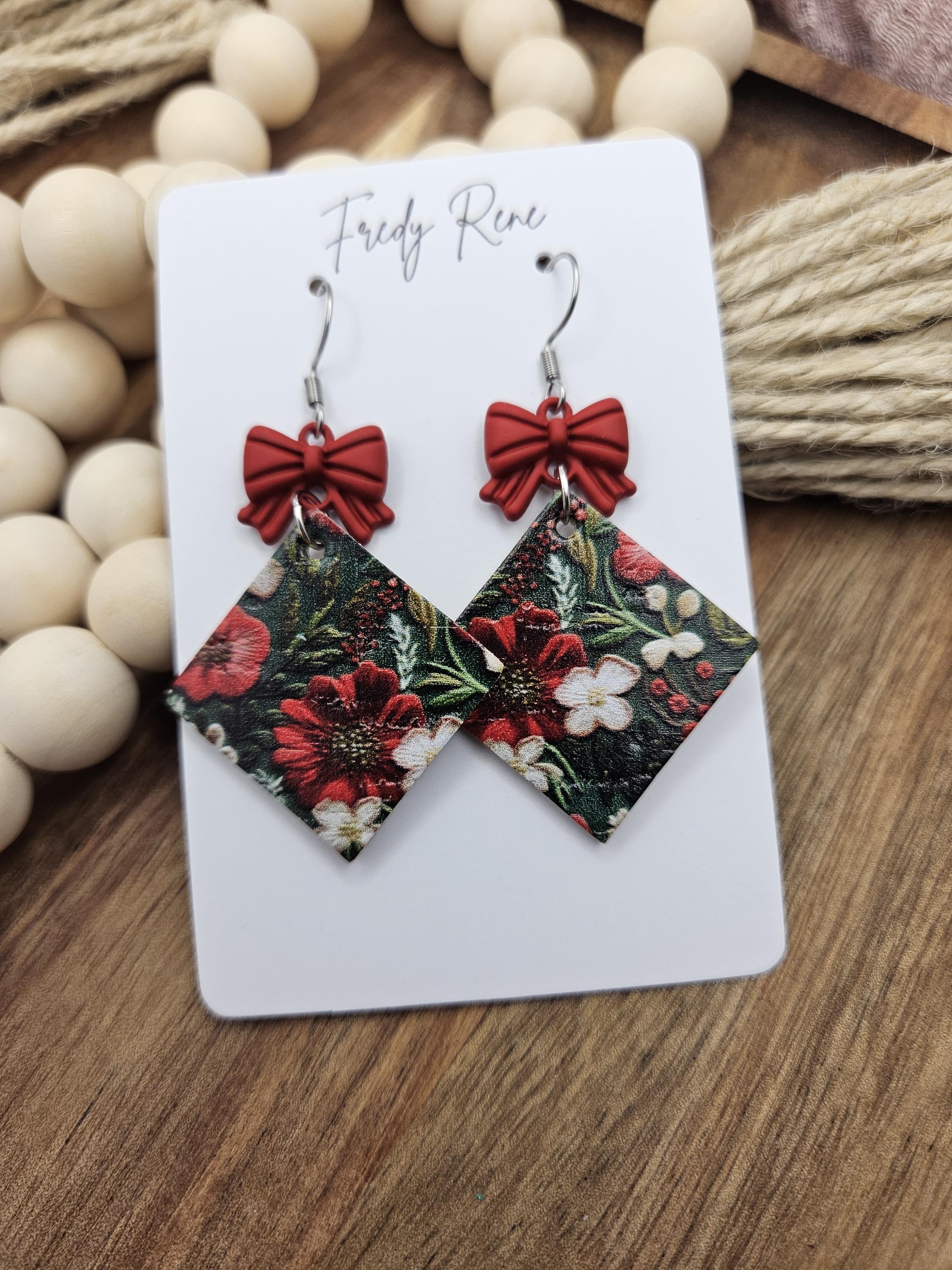 Handcrafted Red & Green Floral Cork Earrings with Genuine Leather Backing- Lightweight, Stylish, and Trendy Accessory for Holiday Wear - Image 1