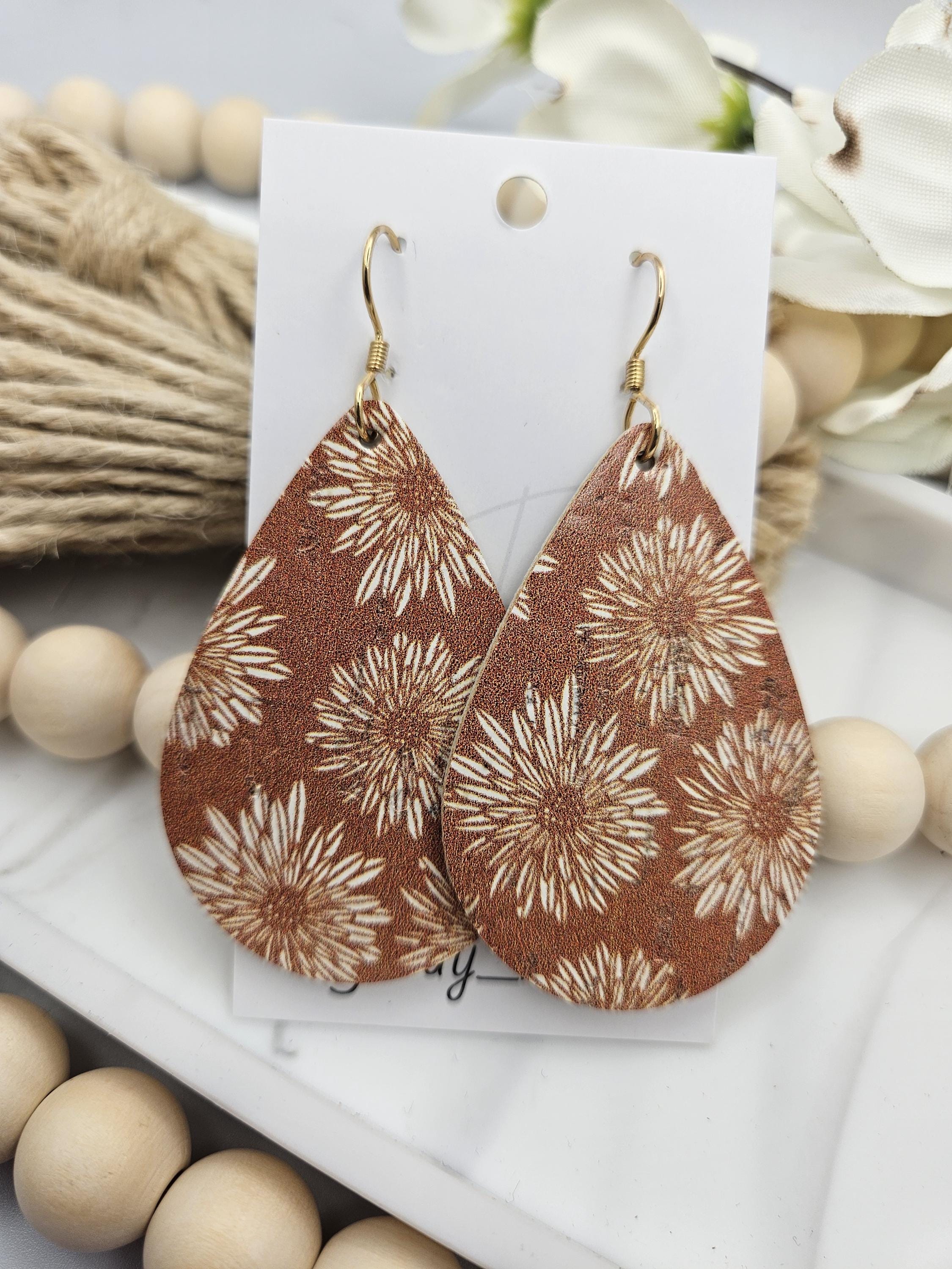 Large Handcrafted Floral Cork Teardrop Earrings with Genuine Leather Backing - Thumbnail 2