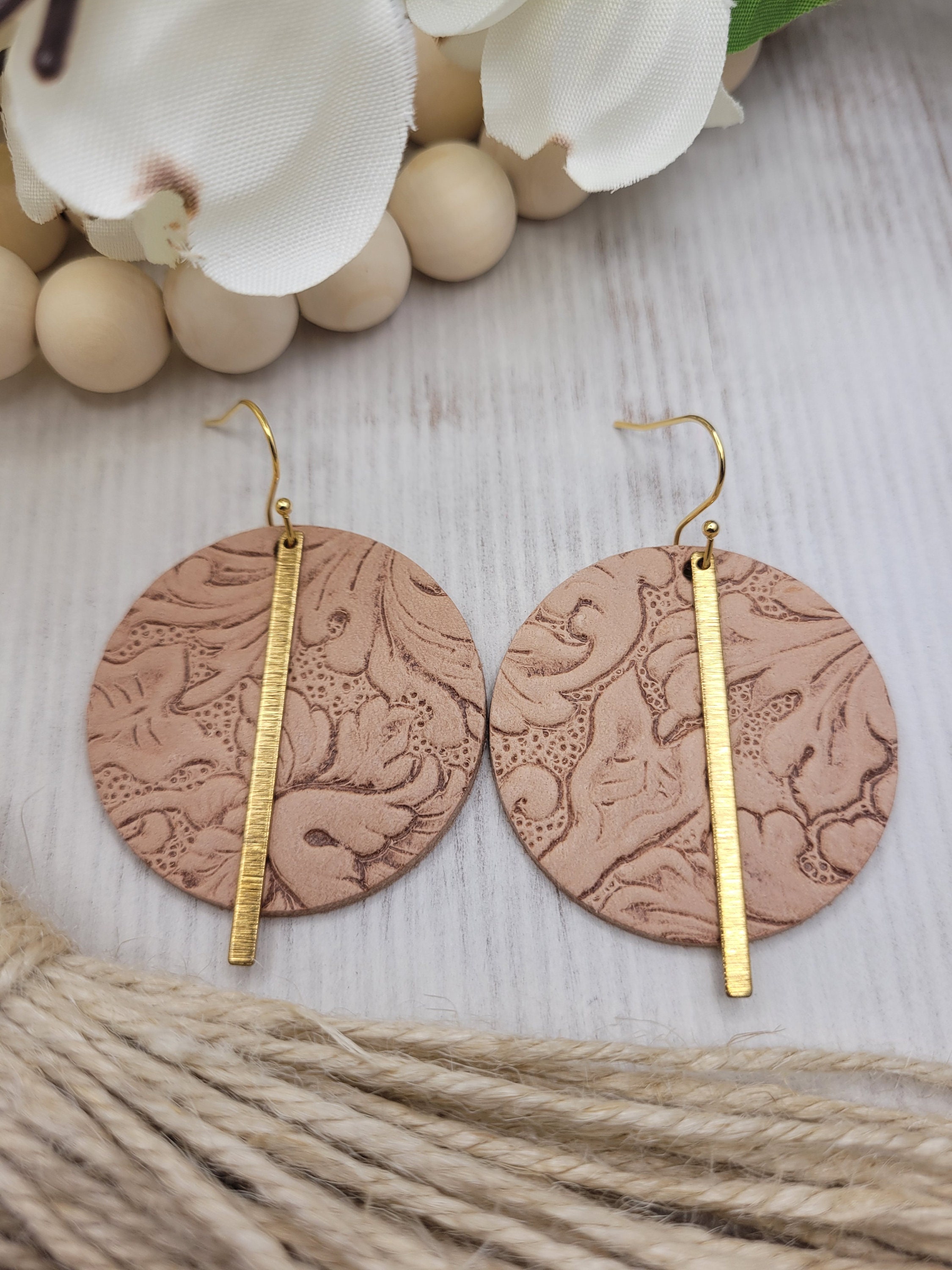 Handmade Embossed Tan Leather & Brass Earrings with Stainless Steel Hooks for Everyday Wear - Thumbnail 7