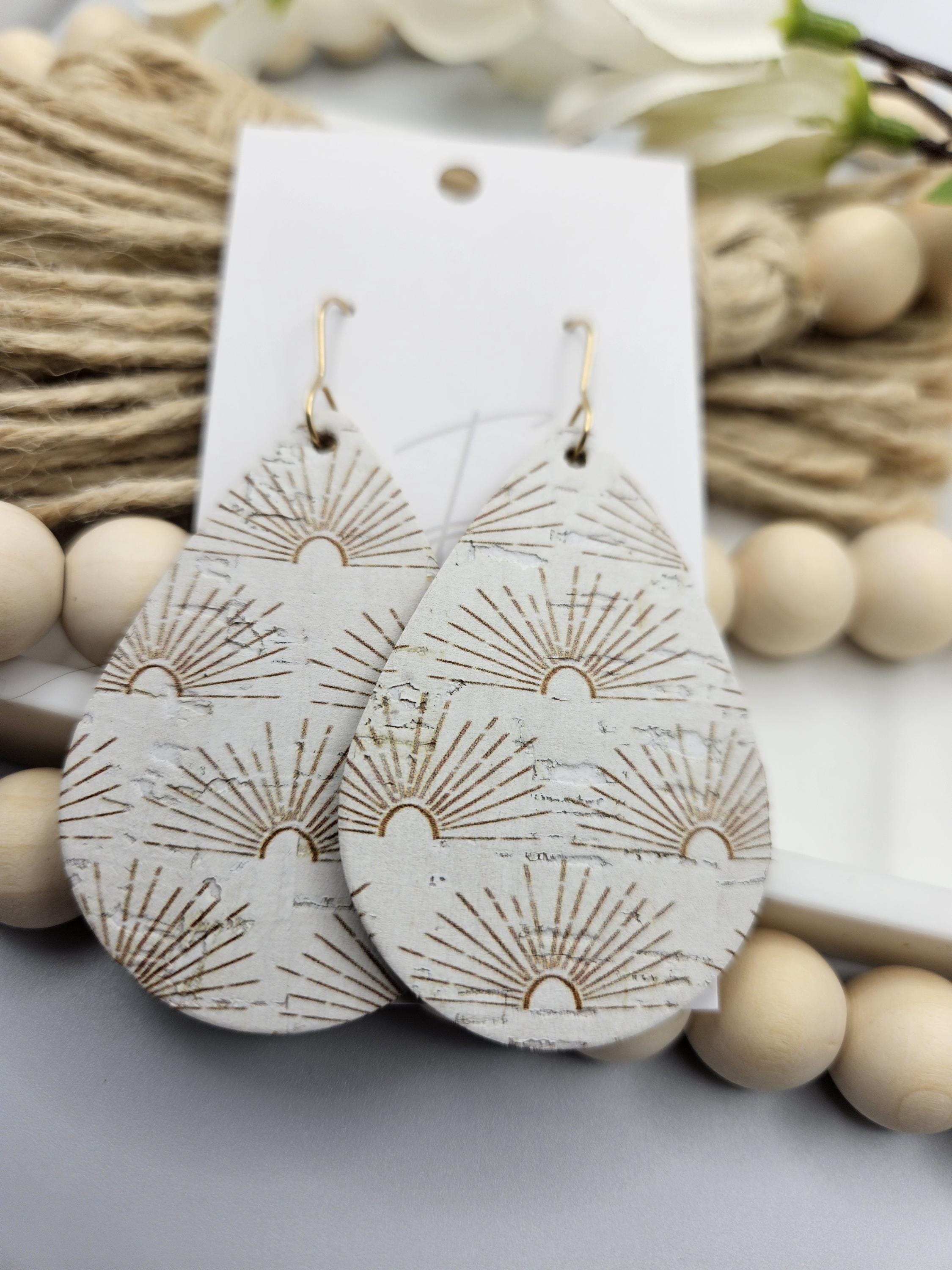 Large Golden Sun Cork Teardrop Earrings with Genuine Leather Backing - Trendy Lightweight Design for Everyday Wear