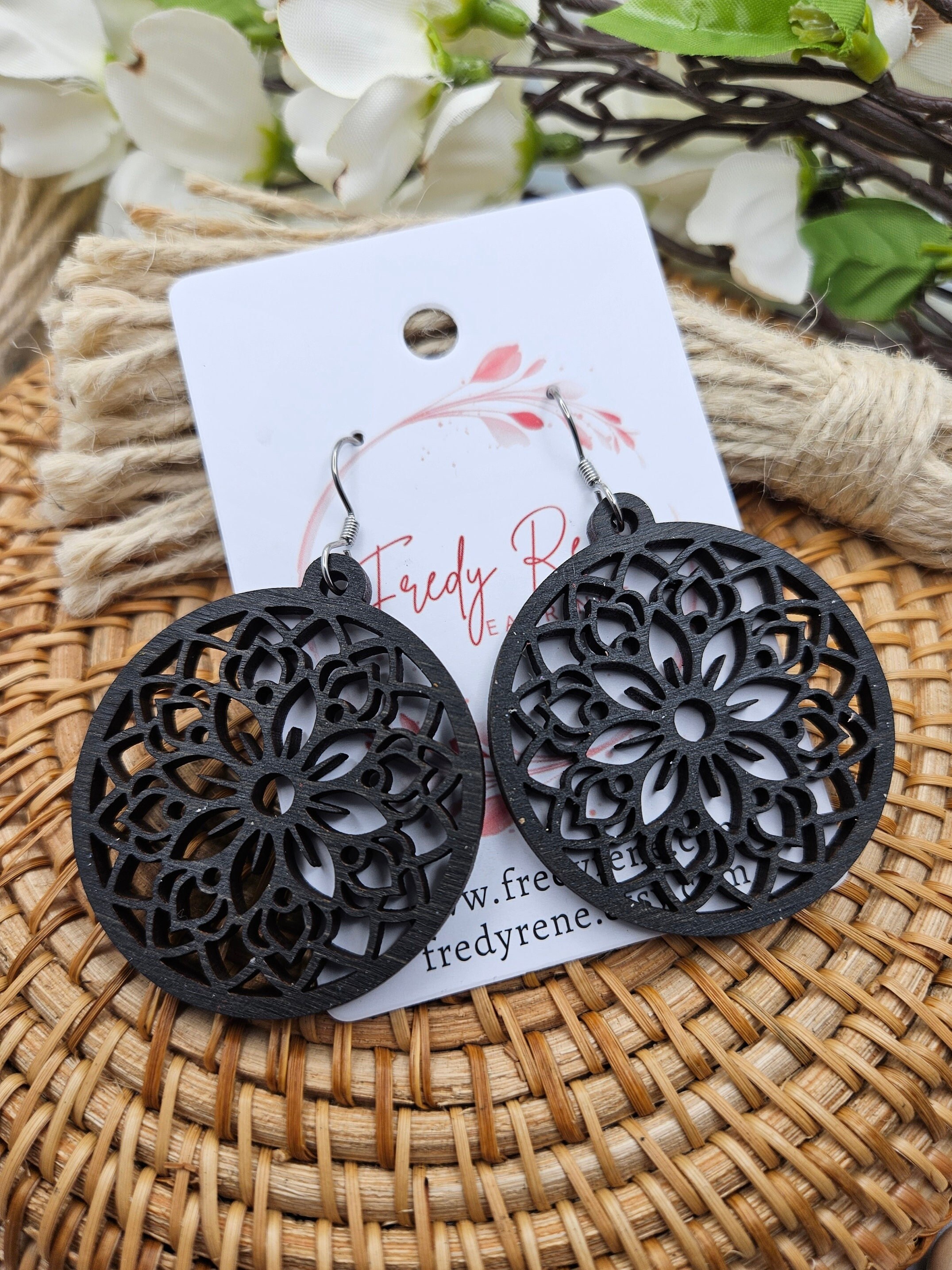 Handmade Lightweight Wooden Floral Earrings - Trendy Boho Jewelry with Stainless Steel Hooks - Black Wood Dangle Earrings - Thumbnail 3