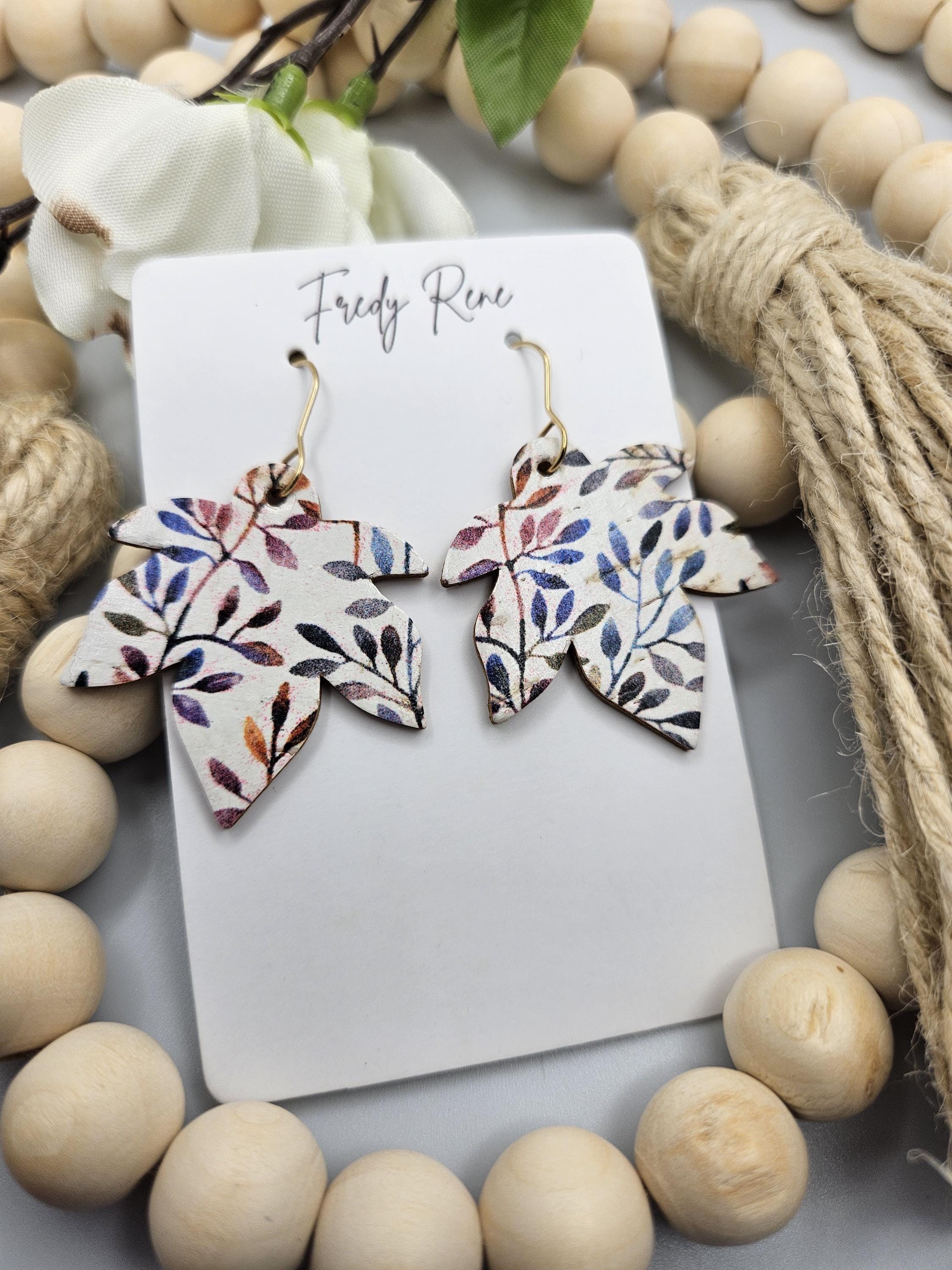 Fall Leaf Shaped Cork Earrings Backed with Genuine Leather - Thumbnail 6
