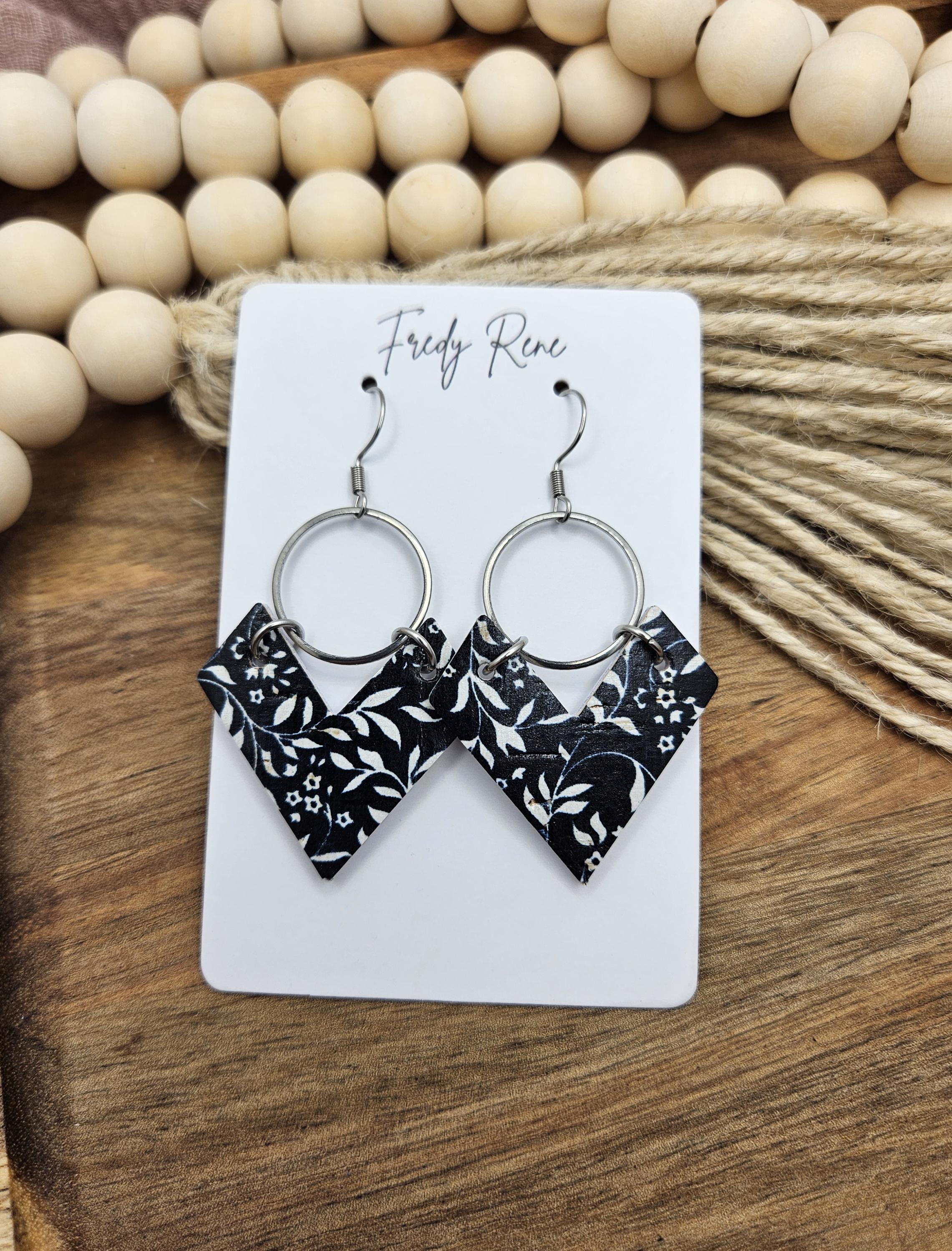 Cork Earrings, Genuine Leather Backing, Black and White Floral - Thumbnail 2